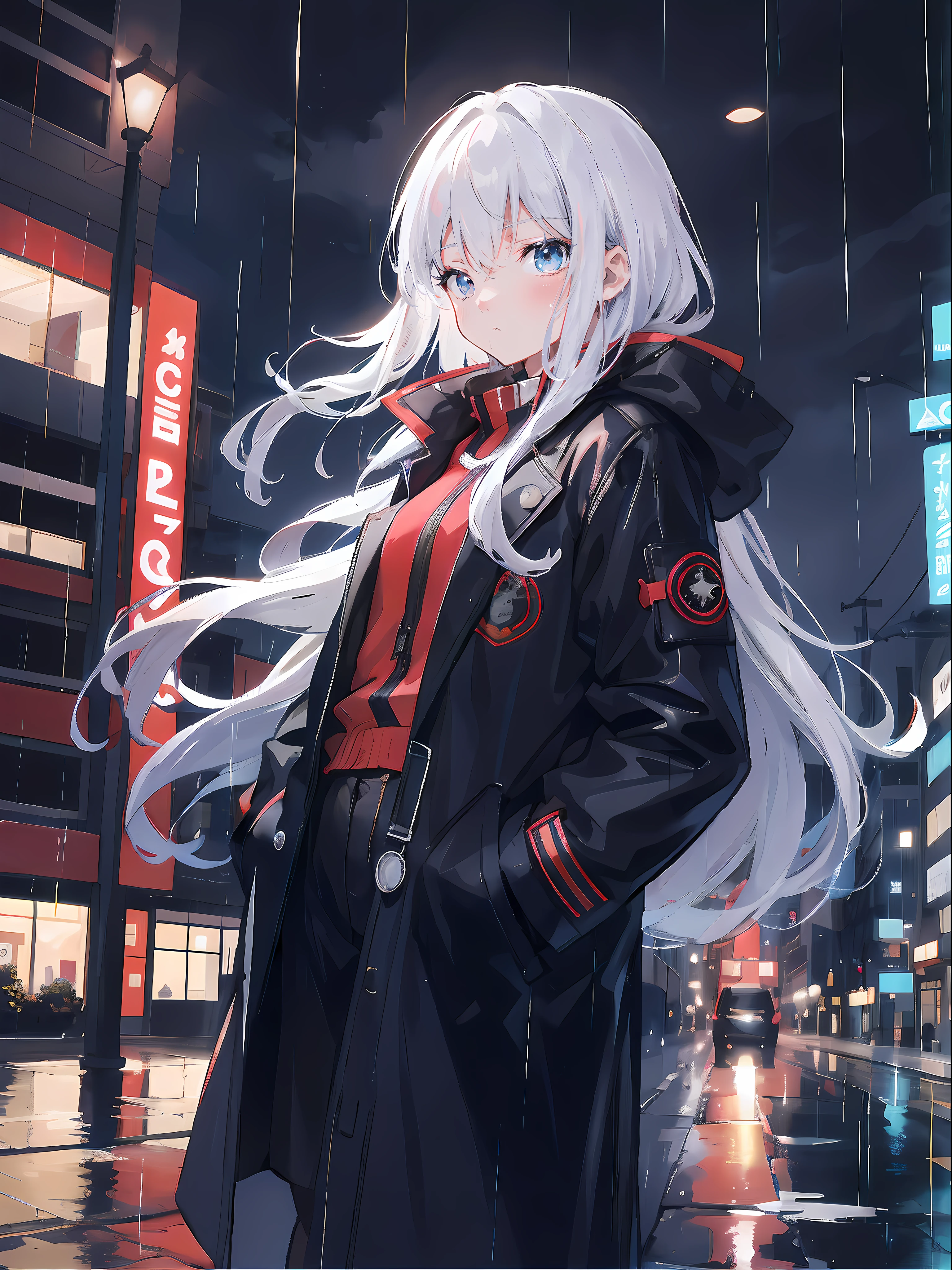 anime girl in black coat standing in the rain in a city, anime style 4 k, best anime 4k konachan wallpaper, anime art wallpaper 8 k, 4k anime wallpaper, anime art wallpaper 4 k, anime art wallpaper 4k, anime wallpaper 4 k, cyberpunk anime girl in hoodie, anime wallpaper 4k, badass anime 8 k