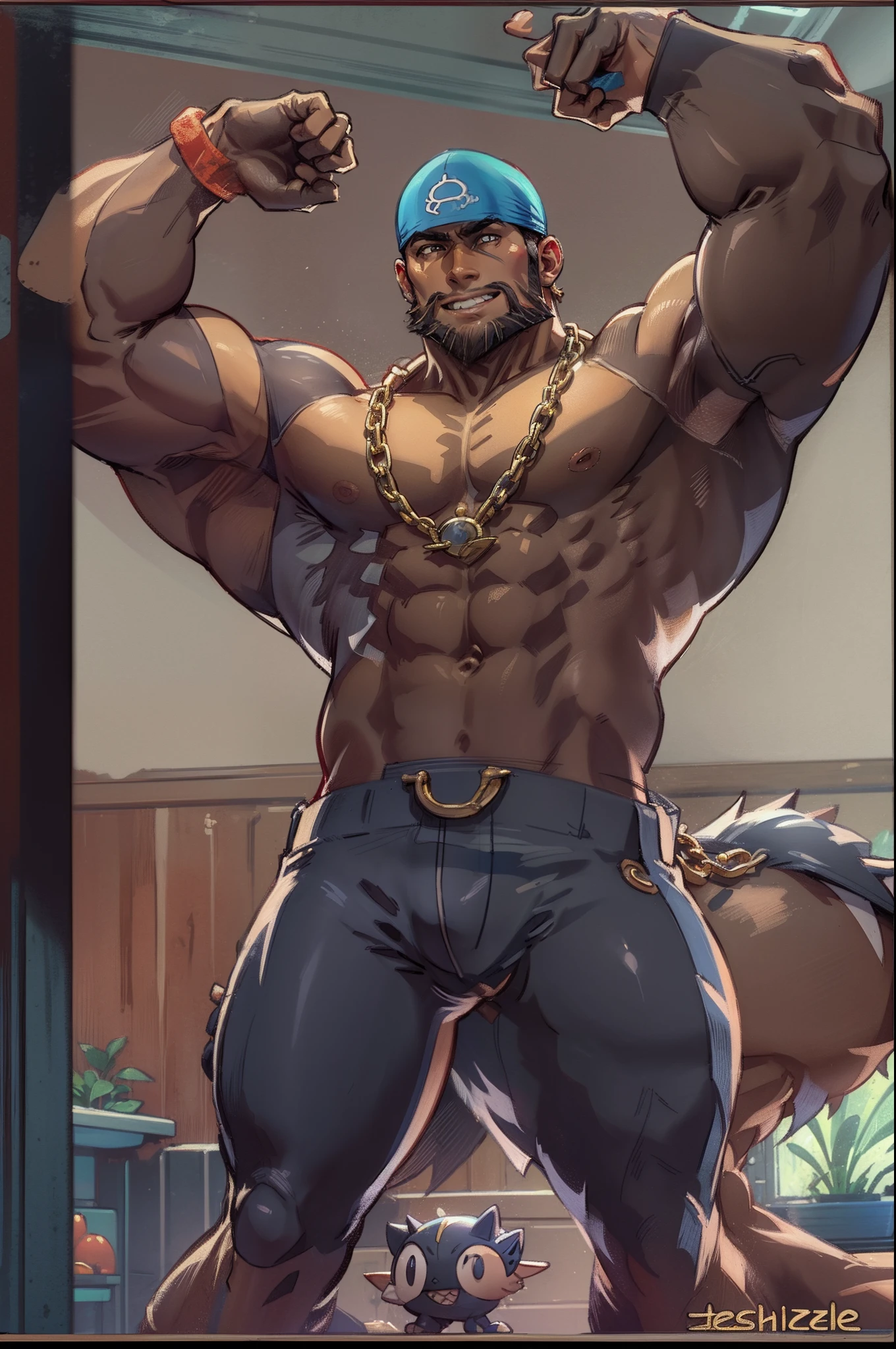 masterpiece, best quality, archie \(pokemon\), dark skin, evil smile, teeth, wide smile, Muscular body, imposing body,Imposing appearance, muscular arms, muscular legs, only body, trapezoid torso, sturdy body, muscular body, defined round and fleshy pecs, defined washboard ABS, defined armsmuscular male, aged up, hi res, (bottomwear:1.2), 8k hd, extreme detail, detailed background, exposed bodysuit, bandana, aquarium, neck chain, high collar, beard, facial hair, confident,