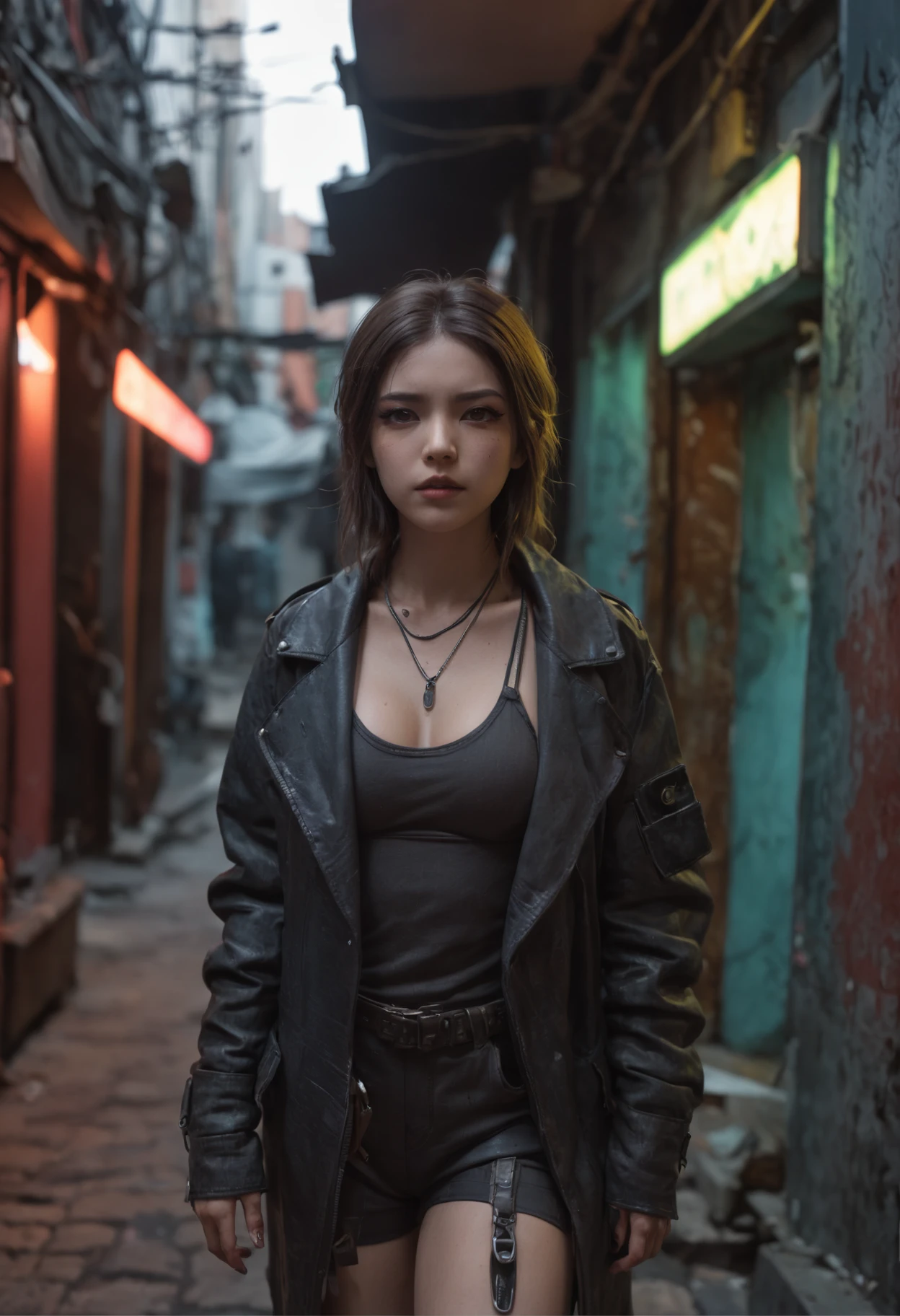 Foto realista, Kinematic, alta calidad, Cyberpunk girl walking in cyberpunk alley, calle estrecha Cyberpunk, with neon signs, cables and pipes, calle comercial, ventilation ducts, coladeras en el piso humeando, Electrical records, aspecto abandonado, neblina, ambiente oscuro y gris, humo y neblina, coladeras humeantes,