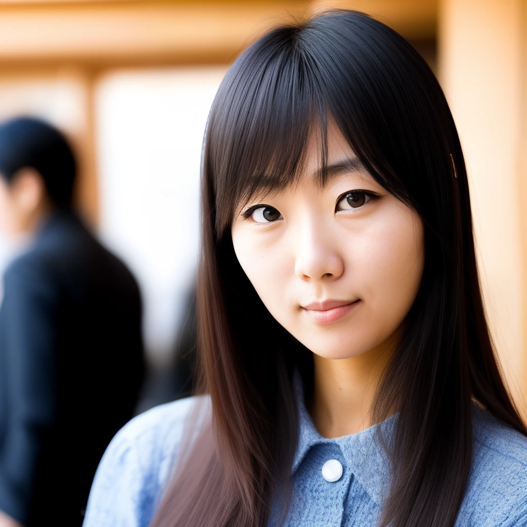 A japanese blonde woman looking serious at the camera while someone is behind