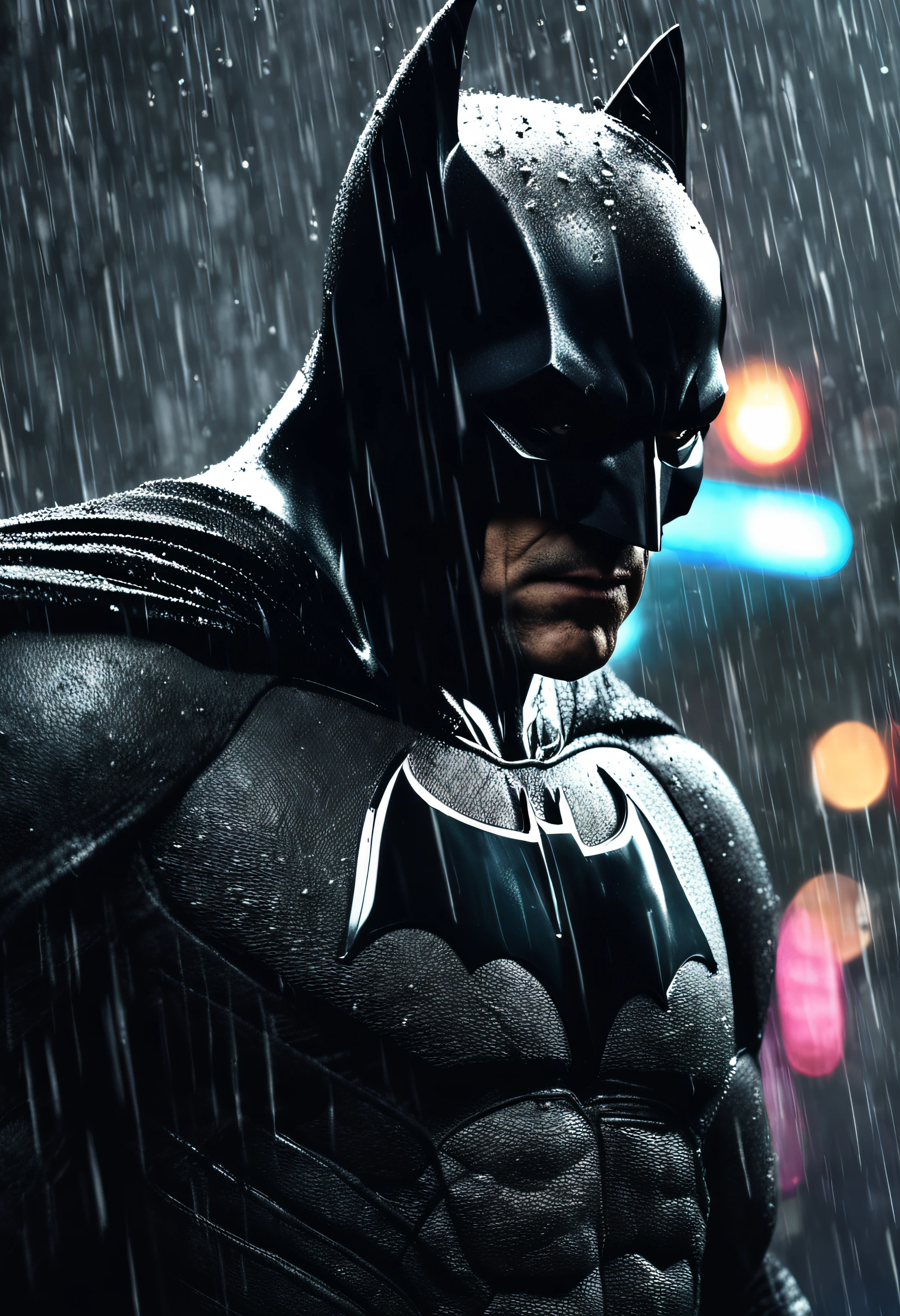 generate a stunning hyper realistic gothic style Batman poster with a close-up shot of Batman's face standing in the rain, gazing away from the viewer.