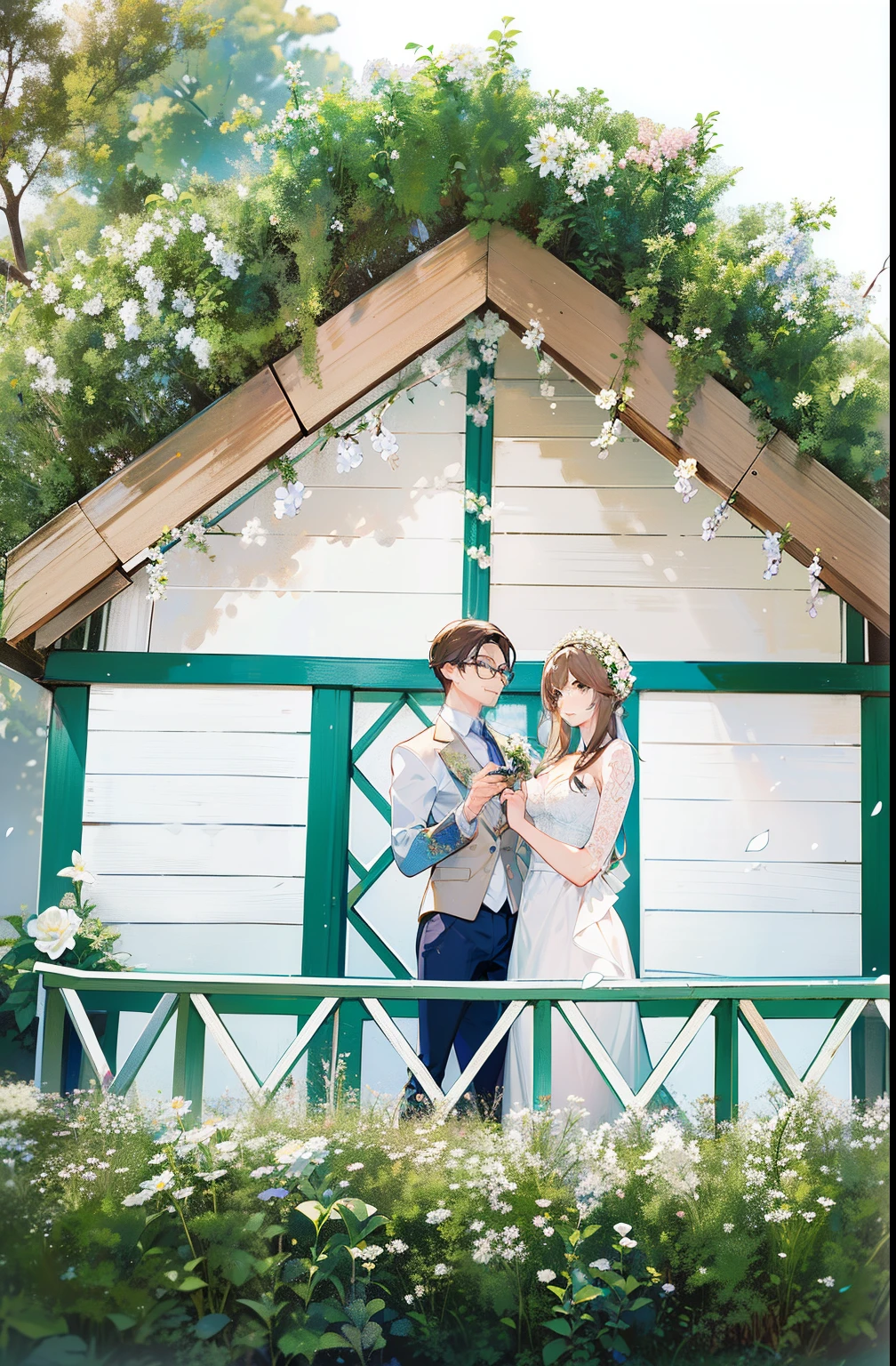 obra-prima, melhor qualidade, 2others, casal, 1man com 1woman, height difference, feliz, amor, sorriso, romantico, casamento, noivo e noiva, smokin azul royal, ela com vertido de noiva, paisagem cheia de flores, jardim, margaridas, testa, There's a man with glasses, light brown hair and royal blue suit and a beautiful woman with long light brown hair dressed as a wedding who hug, Directed by: Nandor Soldier, Lovely couple, casal feliz, casamento, Foto de perfil do headshot, retrato de casal, crescimento de um casal, imagem de perfil, imagem do avatar, imagem de qualidade muito alta, foto do perfil, retrato de casais, foto do perfil, retrato de alta qualidade, They are in love in a garden of white daisies