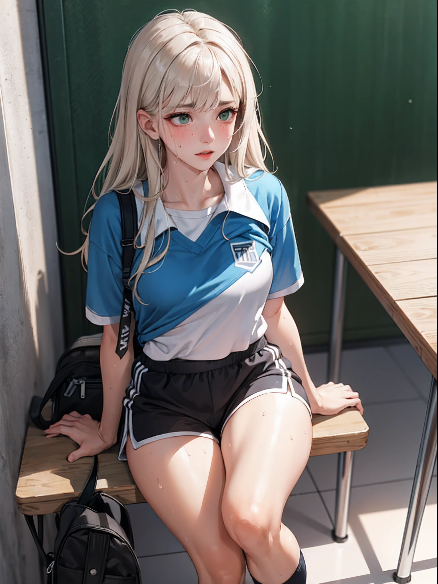 (masterpiece:1.2, best quality), (real picture, intricate details), 1lady, solo, full body, sitting, casual, long hair, minimal makeup, natural fabrics, close-up face, tired face, tired, hot, long light platinum blonde hair, bangs, Korean bangs, bangs on forehead, green eyes, big breasts, bis tits, mature body, detailed face, sweaty, sweat, extremely sweaty, cute gym school uniform, PE uniform, tight athletic shorts, PE shorts, tight gym shorts, school t-shirt, sexy unform, sweaty uniform , tight uniform, transparent uniform, school, school setting, sweaty body.