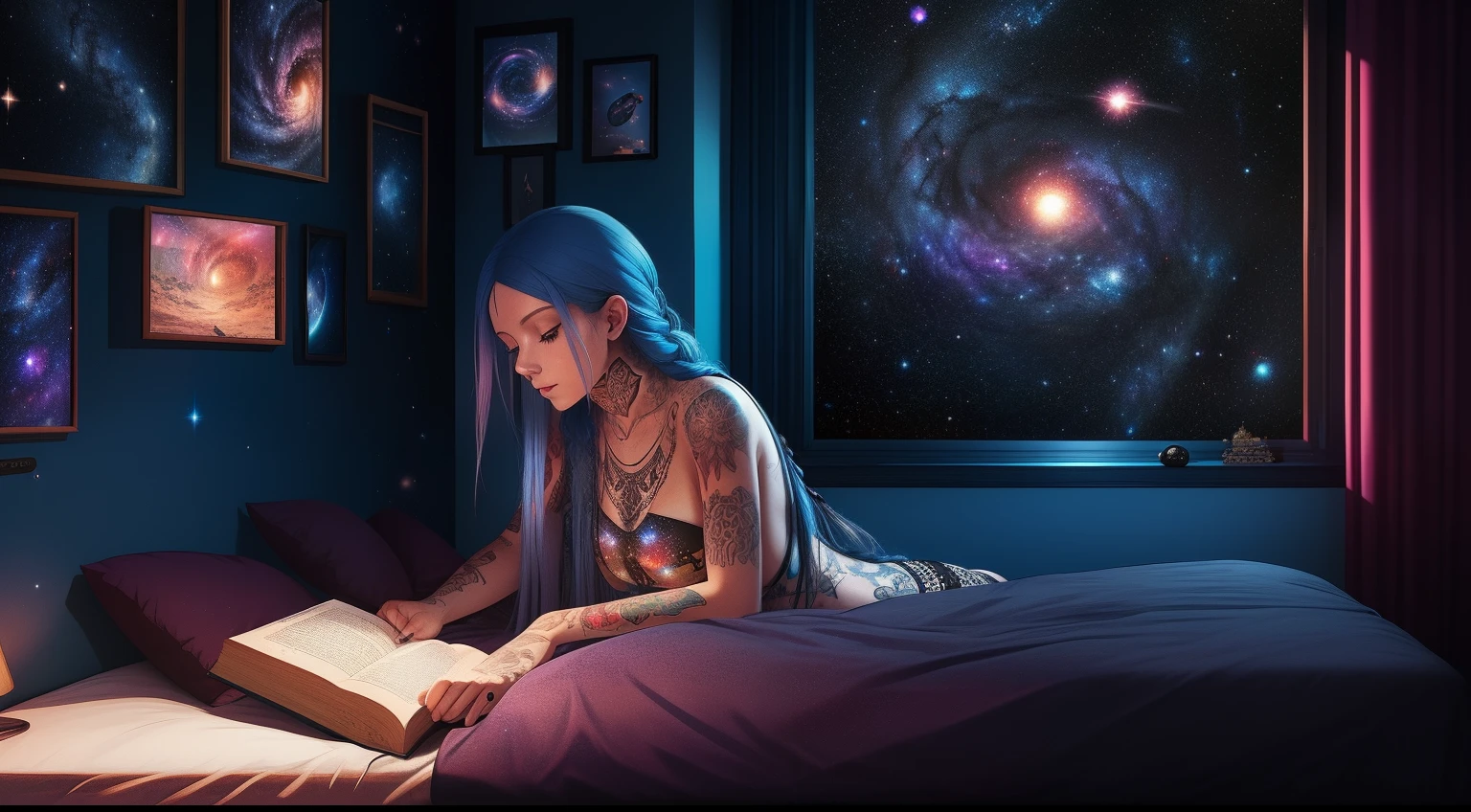Woman with long blue hair with tattoos on her arm reading a book in her room, realista, ultra hd, Room with details of galaxies and stars from outer space, psicodelic, lofi vibes