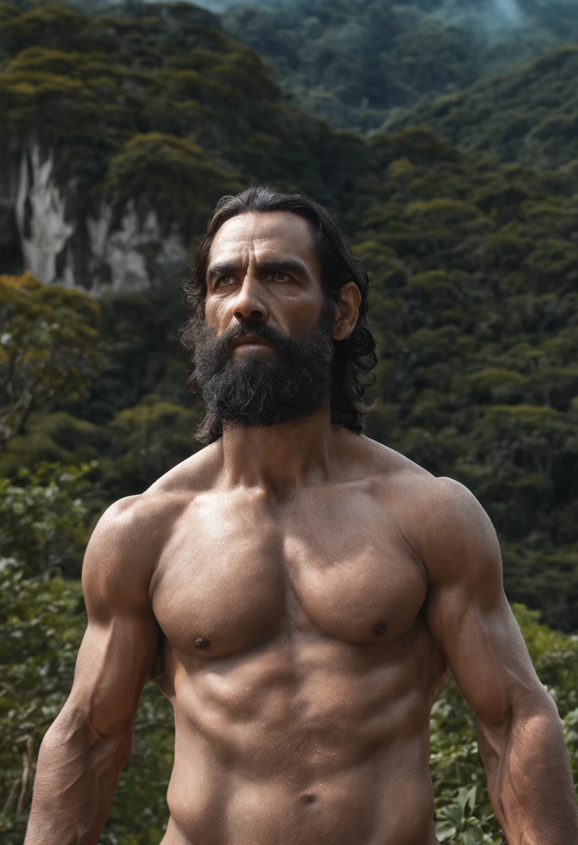 jesus cristo,floresta,paisagem iluminada, manto vermemlho ,barba ,ultra realista ,imagem real hd,alta qualidade,corpo inteiro , coroa de espinhos ,mostrando corpo inteiro