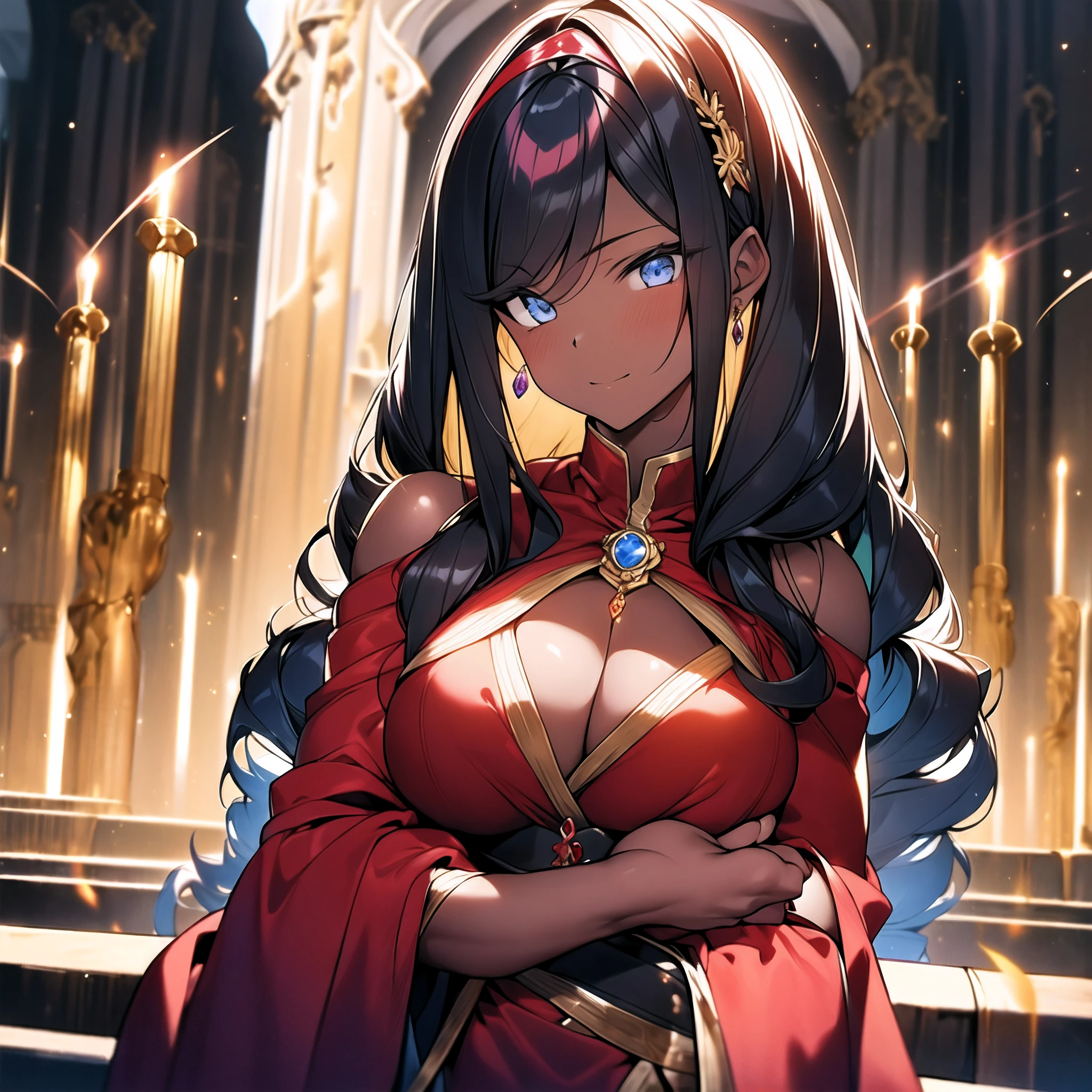 (((solo))), ((((((black long hair)))))), red eyes, (((sensual clothes, cleavage, choker))), white hairband,upper body focus, ((shy smile))