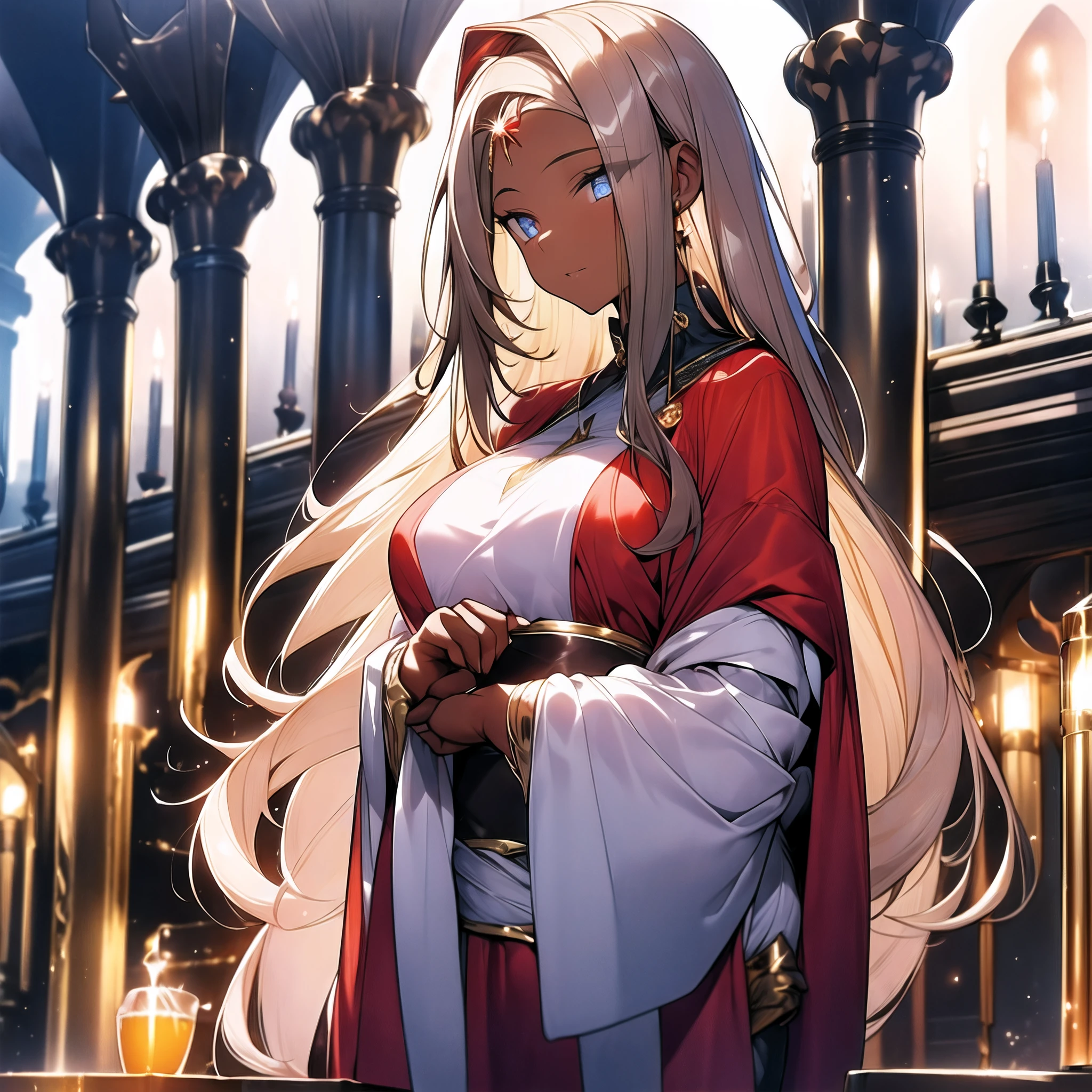 (obra maestra) (La mejor calidad) In a dark room of a strange reddish mist and golden sparks emerges a beautiful and beautiful witch of demonic appearance and great magical powers.............. Your hair is being lifted upwards by a mysterious wind.