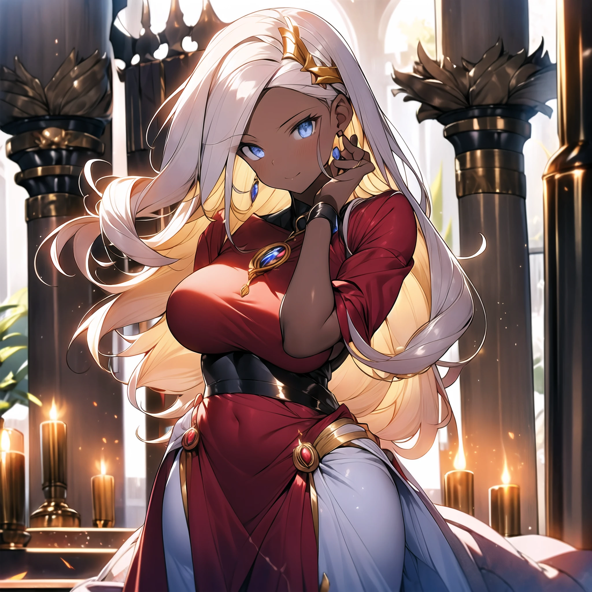 (obra maestra) (La mejor calidad) In a dark room of a strange reddish mist and golden sparks emerges a beautiful and beautiful witch of demonic appearance and great magical powers.............. Your hair is being lifted upwards by a mysterious wind.