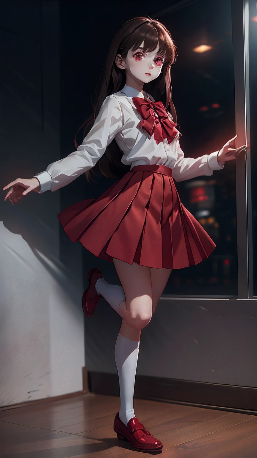 (Red bow on neck), Little girl, White blouse , dynamic pose, brown hair, art galley, red eyes, red skirt, red shoes, black long tight