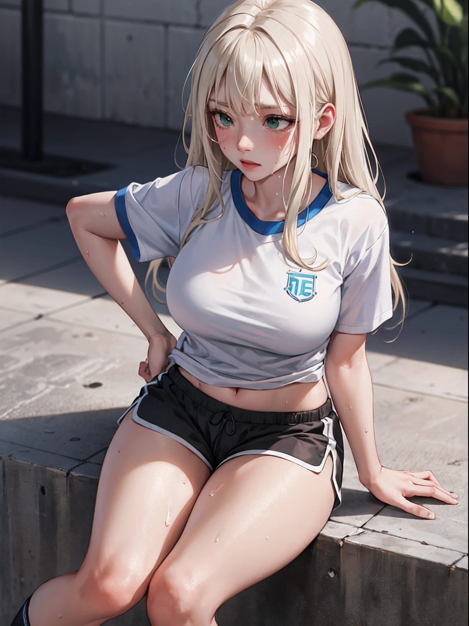 A woman wearing only a T-shirt, sit, spread legs, fair skin, Shiny natural skin texture, puffynipple, Not wearing underwear, (highly detailed:1.1), (wet with sweat:0.8), (Thick thighs:0.9), (puffy pussy lips:0.9), (white hair:0.9), (Wearing nothing at bottom:1.2)																