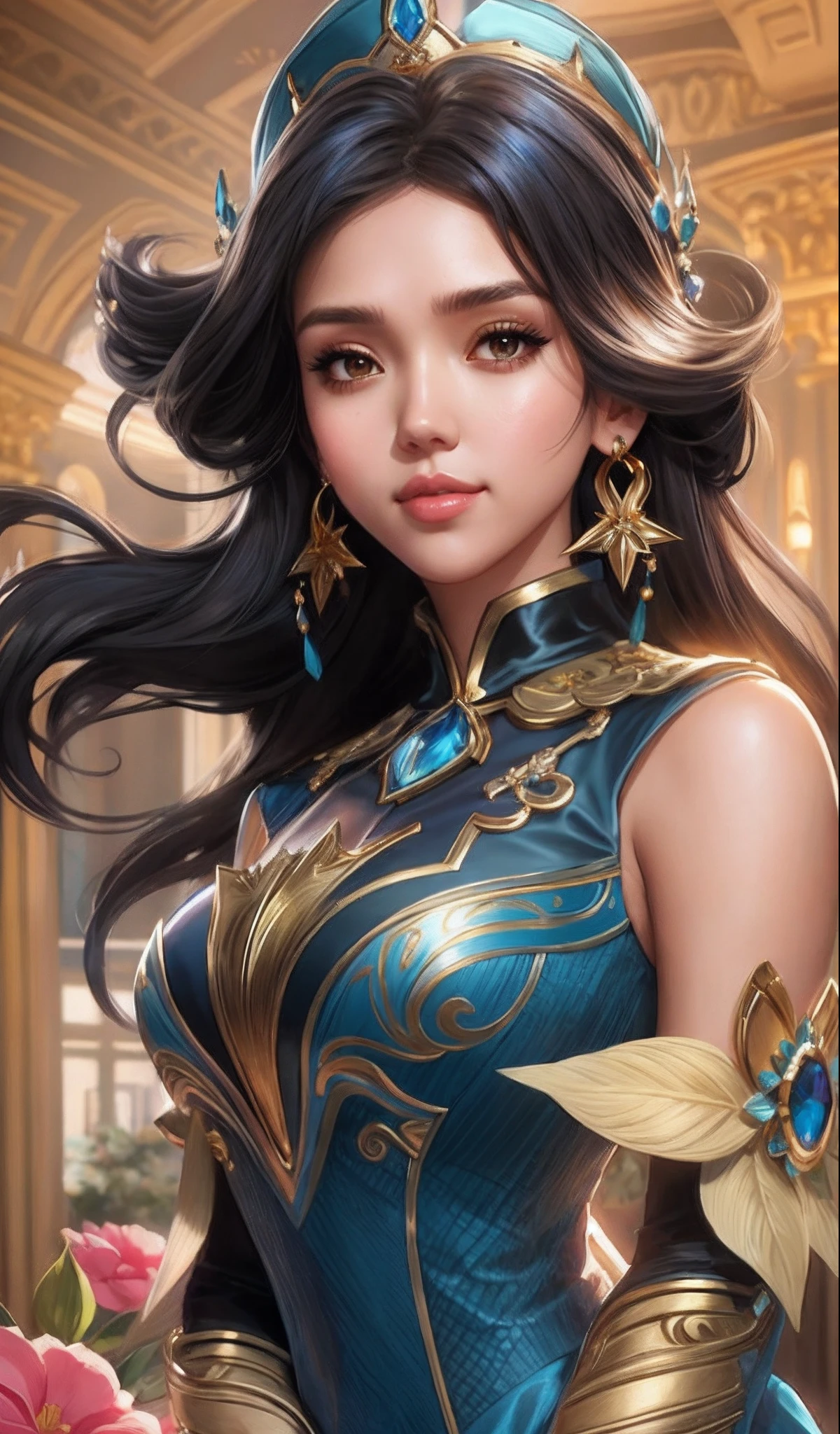 a woman, Jessica Alba in a blue dress with a gold crown and earrings, extremely detailed artgerm, artgerm detailed, ig model | artgerm, artgerm. high detail, artgerm. anime illustration, style of artgerm, style artgerm, wlop | artgerm, artgerm style