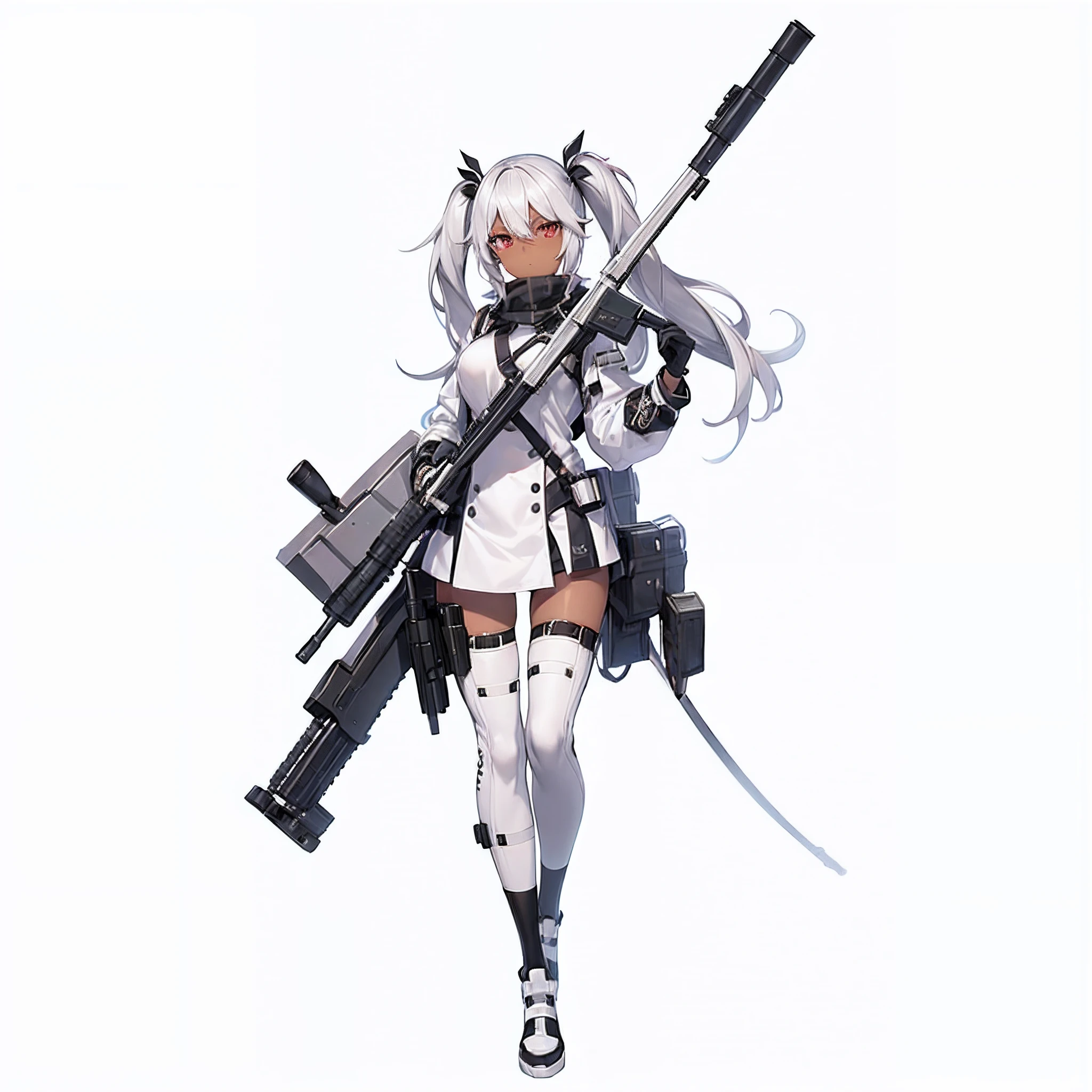 1girl, dark skin, white eye, silver twintails hair, holdin a big sniper gun on the back, anime style, 8K, Attractive, highly detailed clothes, high detailed body,