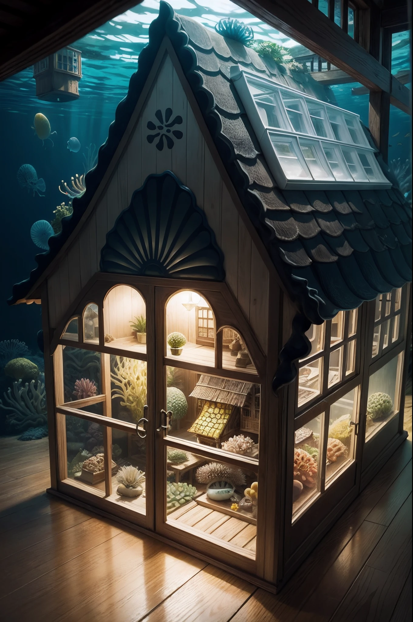 Pineapple house under the sea, jelly fish, sea anemone,Fish, squid,crabs