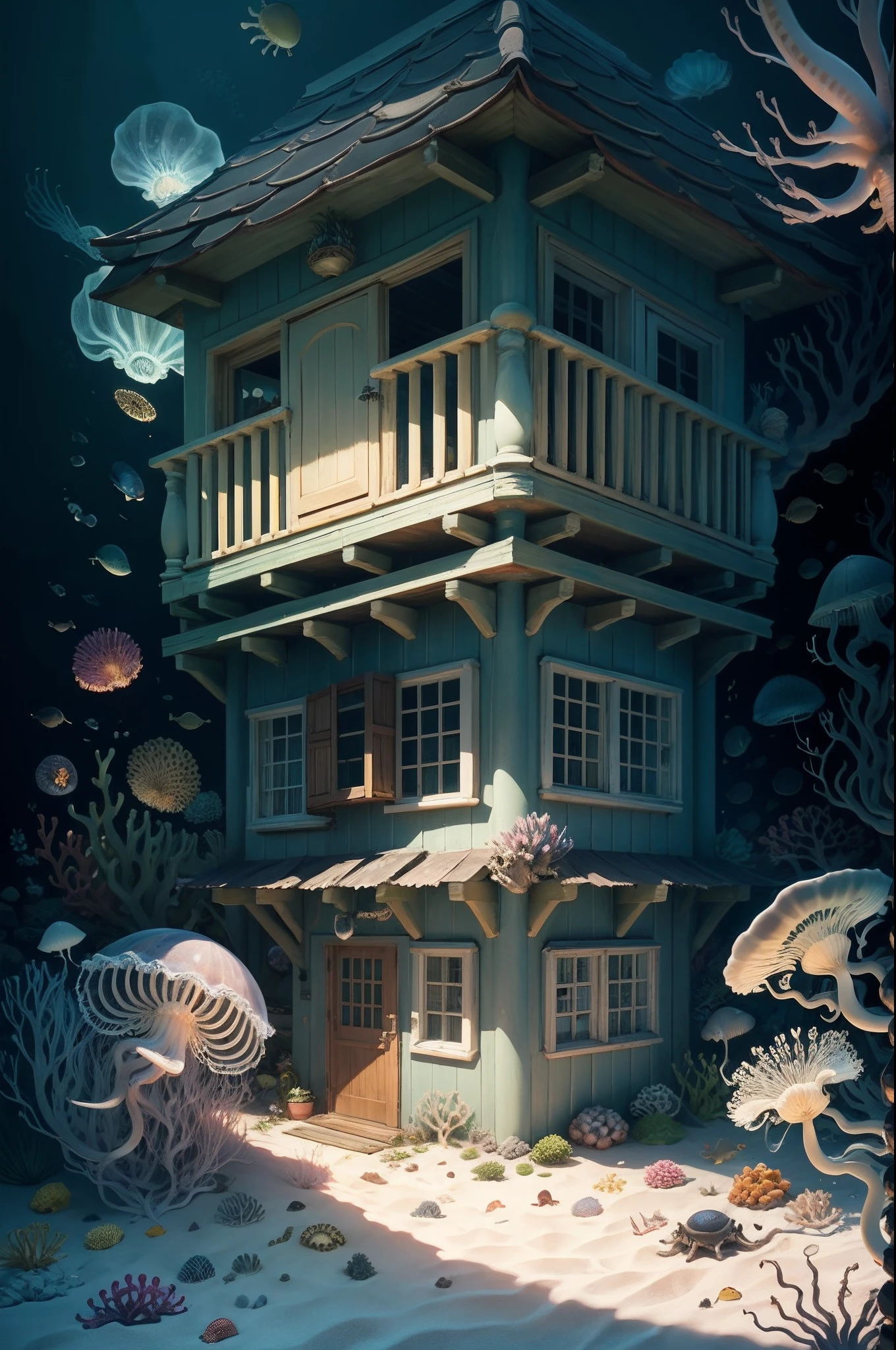Pineapple house under the sea, jelly fish, sea anemone,Fish, squid,crabs
