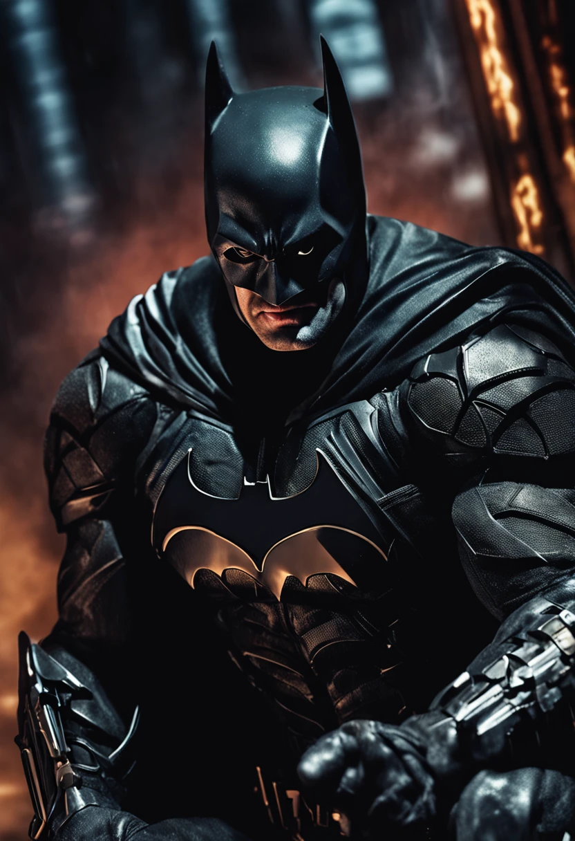 generate a stunning hyper realistic gothic style Batman who laughs poster with a close-up shot of batman who laughs face, gazing away from the viewer