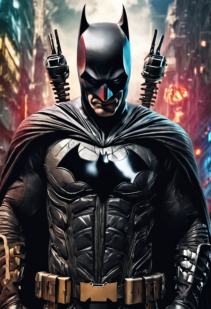 generate a stunning hyper realistic gothic style Batman who laughs poster with a close-up shot of batman who laughs face, gazing away from the viewer