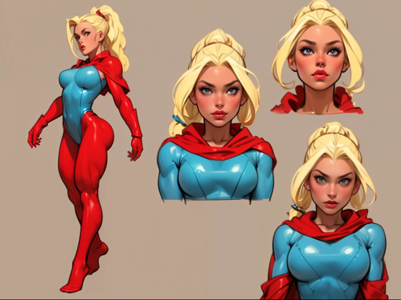 ((masterpiece)),(((best quality))),((character design sheet)), ((full body view)) illustration,1girl, muscular, ((blue bodysuit:1.5)), superhero, (blonde ponytail:1.4), (red cape:1.4) ((detailed face:1.4)) ((slendered abs)), red gloves, red boots, (small breasts:1.3), beautiful woman, (red thighhighs:1.3)shiny skin, (gold emblem on chest:1.2),scribbles and marks, (puffy lips:1.5), rough sketches, pose, 8k,16k, (simple background, white background: 1.3)