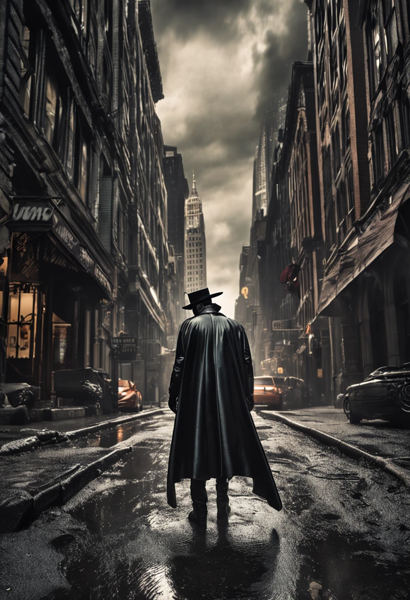 Generate a stunnning hyper realistic gothic style batman poster with a cowboy shot of batman looking over gotham city in the rain