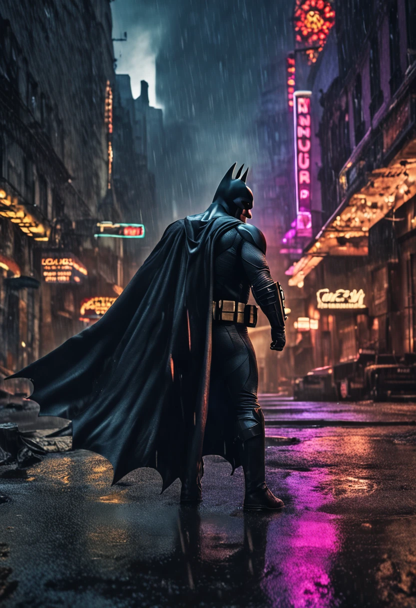 Generate a stunnning hyper realistic gothic style batman poster with a cowboy shot of batman looking over gotham city in the rain