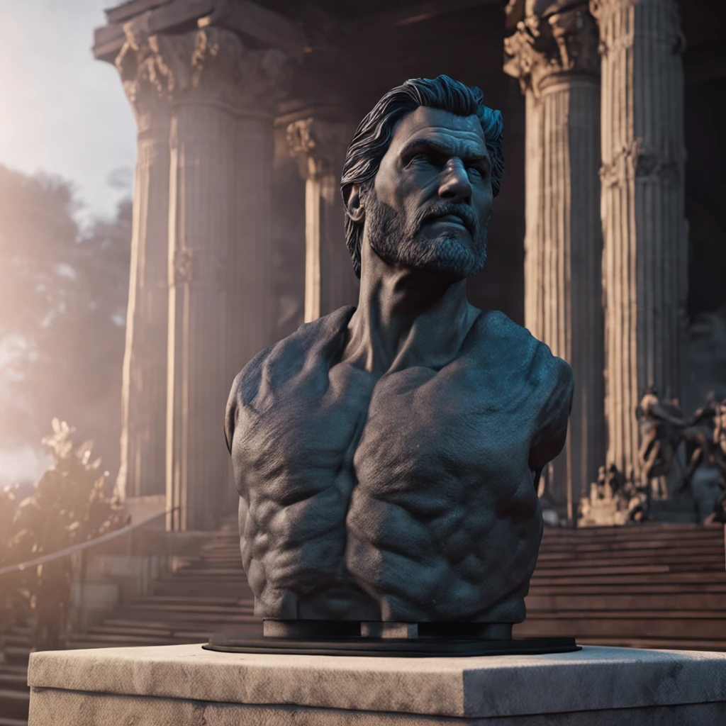 estatua grega de um homem musculoso estilo hercoles 8k dark com fundo  background escuro cinematic