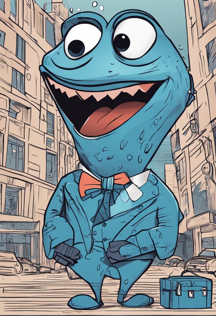 "Draw a company mascot being a 3d blue fish drawing dressed in an elegant suit, sitting in front of an organized office, with papers and graphics scattered around you. Certifique-se de mostrar o peixe concentrado e focado em seu trabalho no computador.”