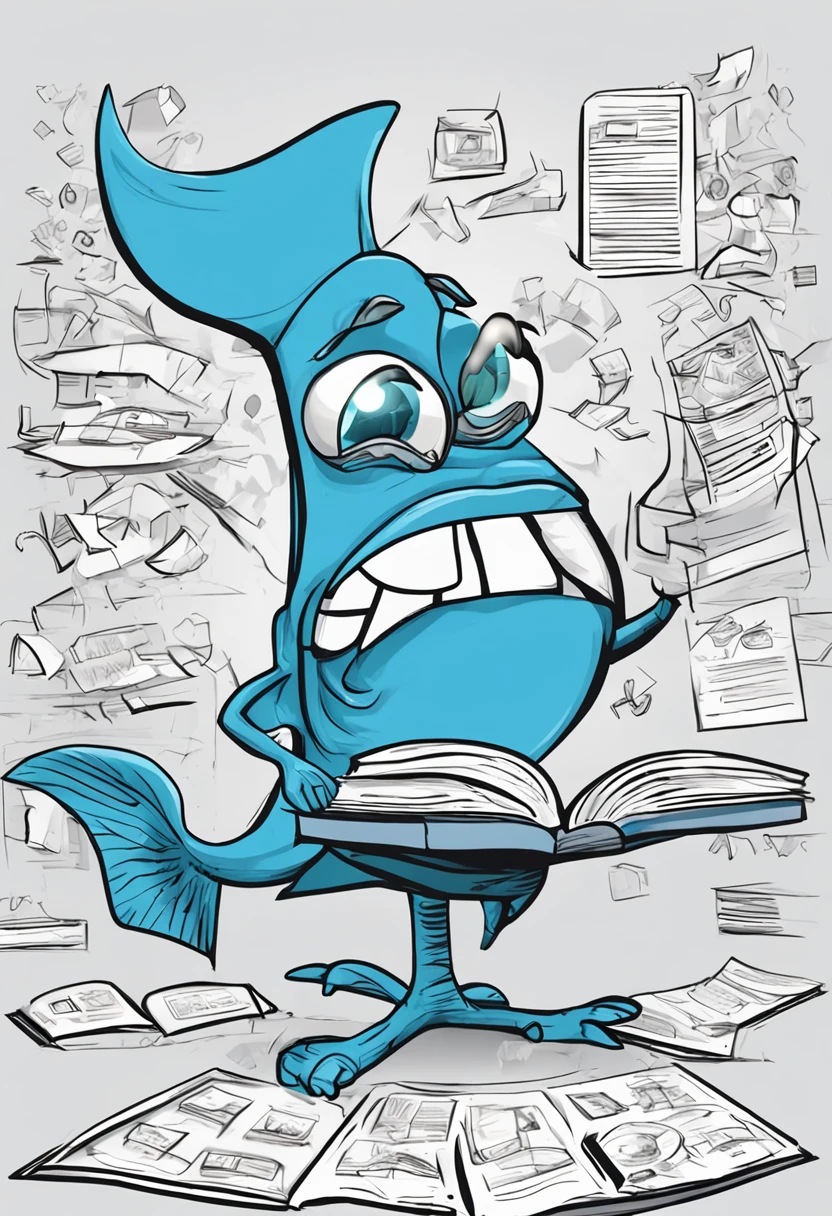 "Draw a company mascot being a 3d blue fish drawing dressed in an elegant suit, sitting in front of an organized office, with papers and graphics scattered around you. Certifique-se de mostrar o peixe concentrado e focado em seu trabalho no computador.”