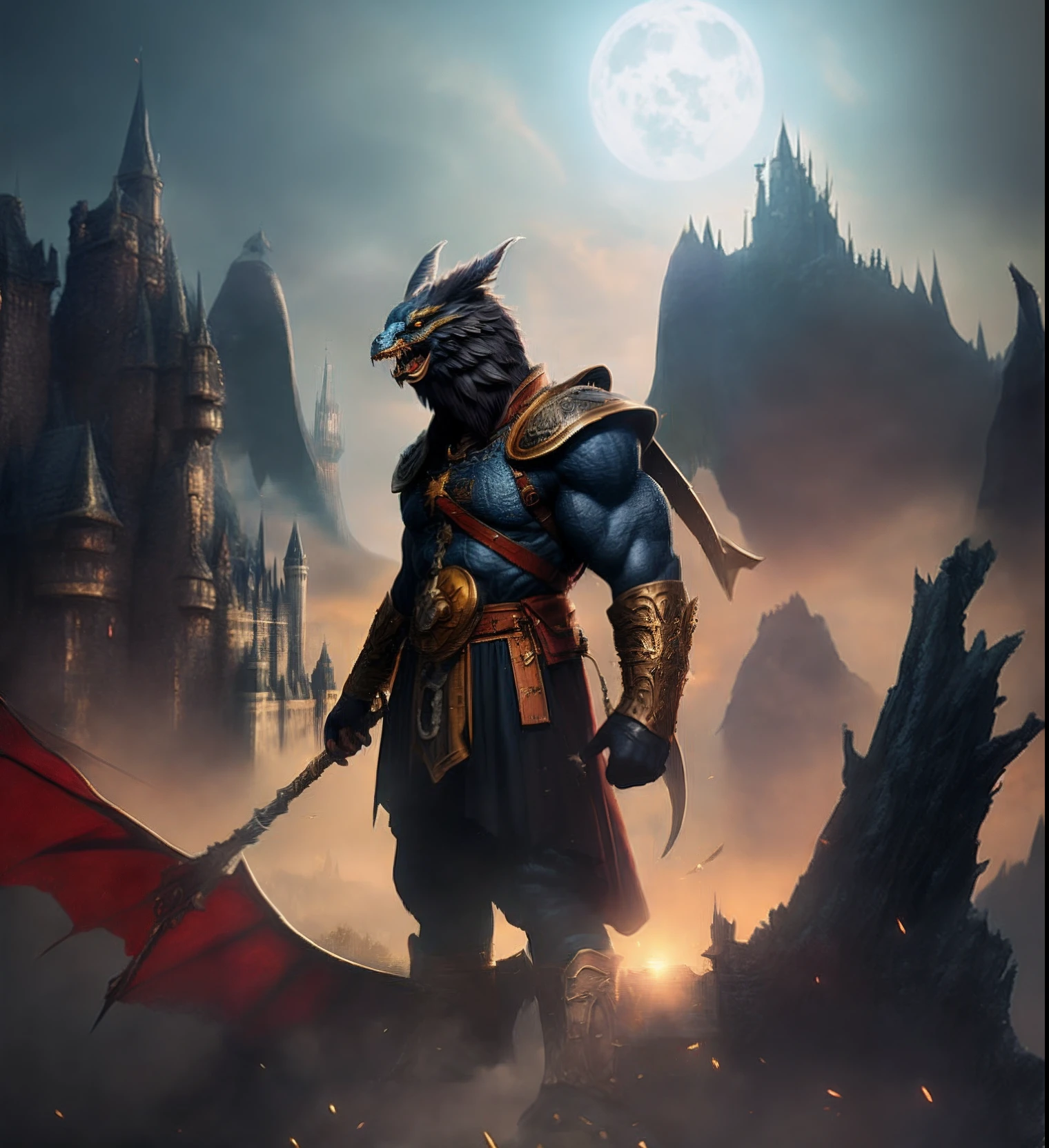 a man with a sword and a demon on a castle background, from warcraft, fantasy art behance, vigo the carpathian, muscled humanoid balrog demon, epic fantasy character art, warcraft character, warcraft artwork, blizzard warcraft artwork, guillem h. pongiluppi, by Izidor Kršnjavi, fantasy character art