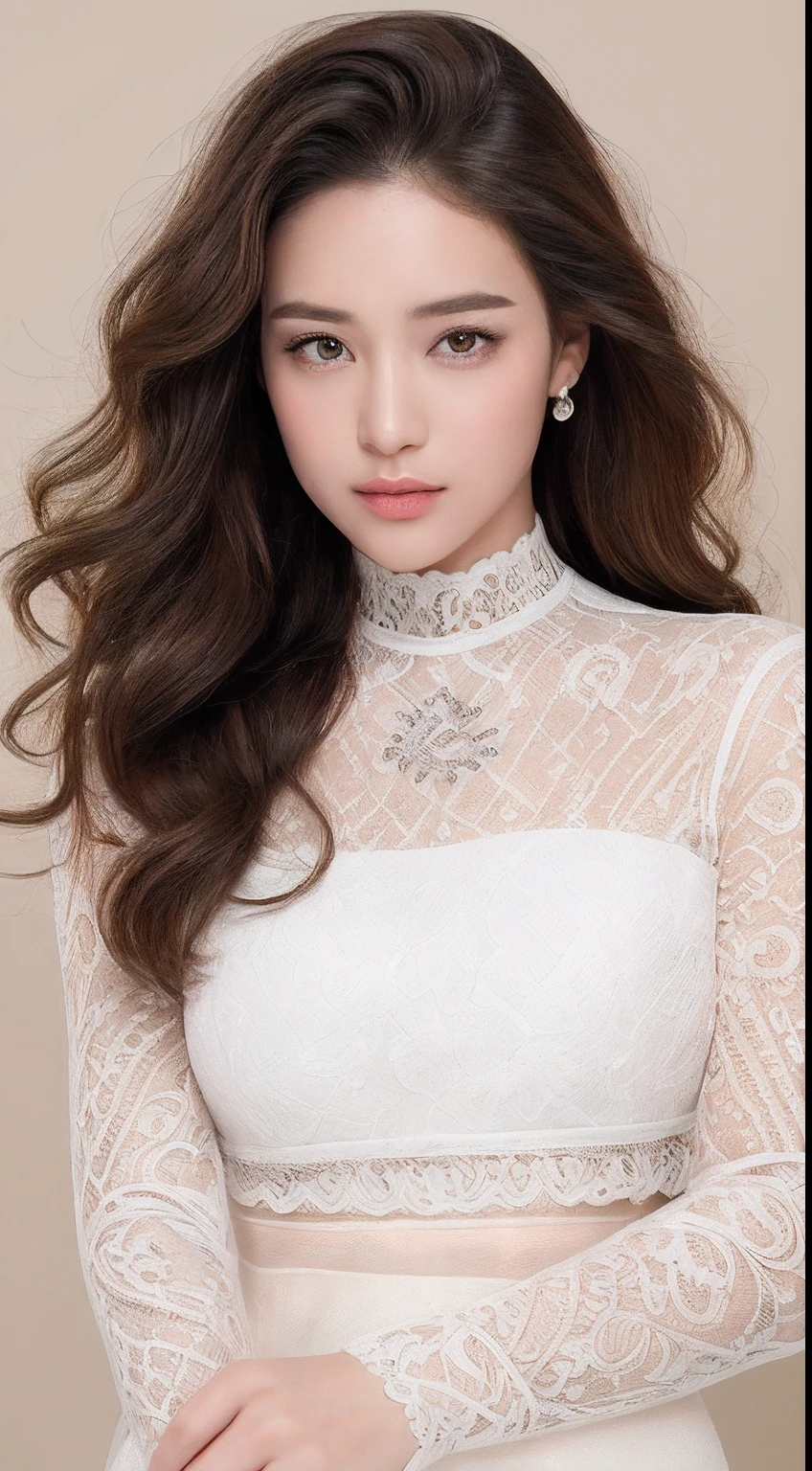 ((top-quality、8K、masterpiece:1.3))An ultra-high picture quality、realskin、Marble background、Full body depiction 1.3、1人、Glamour beautiful woman:1.3、(light brown long curly hair、huge-breasted:1.2)、sexy facial expression、big eye、Long Sleeve Black Lace High Neck Shirt:1.1、hyperdetailed face、ultradetailed eyes、super-detaild skin、Ultra detailed hands、Ultra-detailed fingertips on the face、Super detail beautiful legs、Super detailed beautiful hair、Ultra-detailed cloth、put one's hand over one's mouth、Japan beauties、Black lace skirt、piercings、beautiful and long legs、high-heels、Standing like a model、Walking、Stretching legs