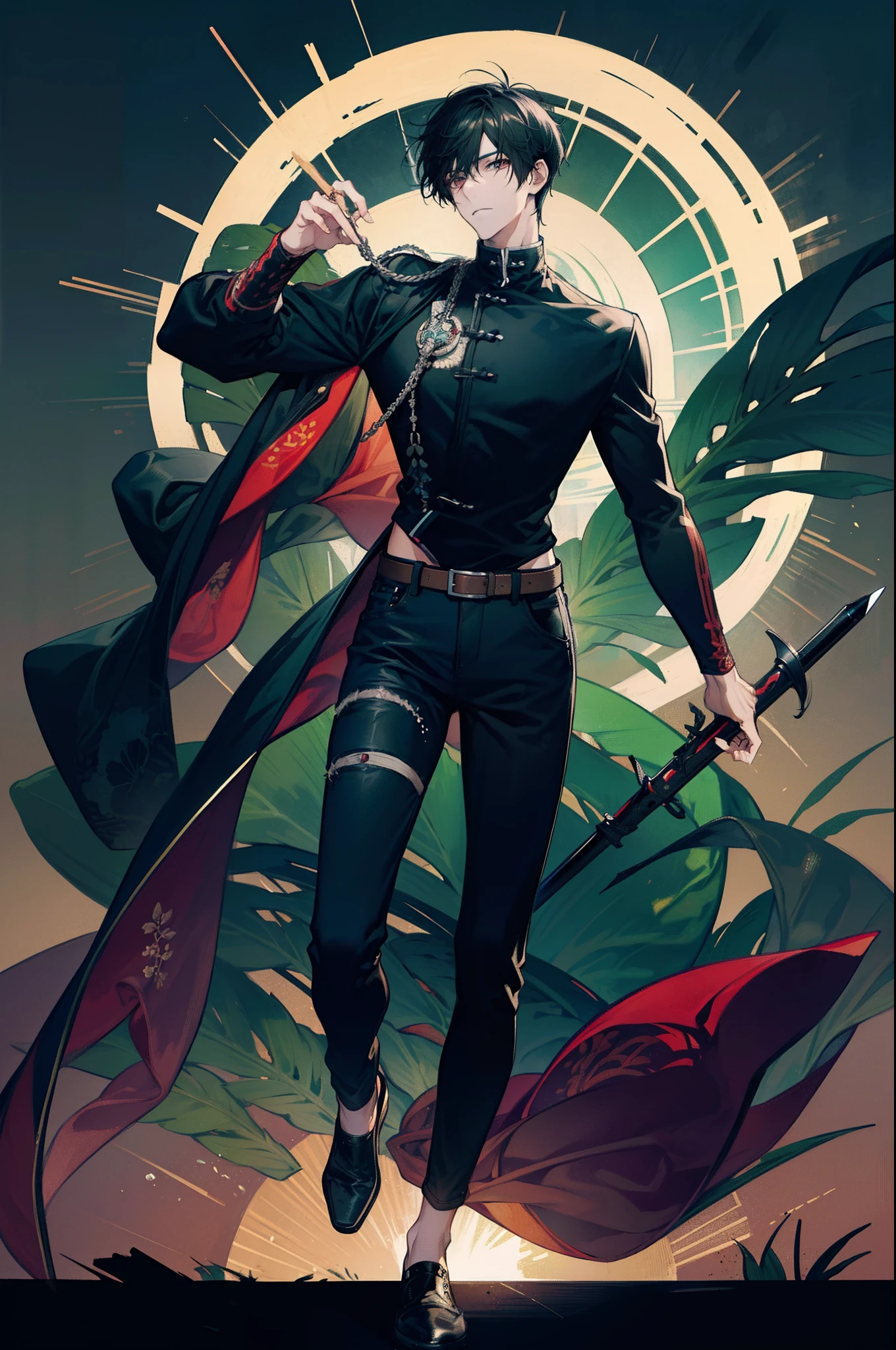 full body, zoom, anime style, tall, handsome man, short black hair, tanned skin, black eyes, dark green shirt, worn jeans, silver saber with red details, tropical background.