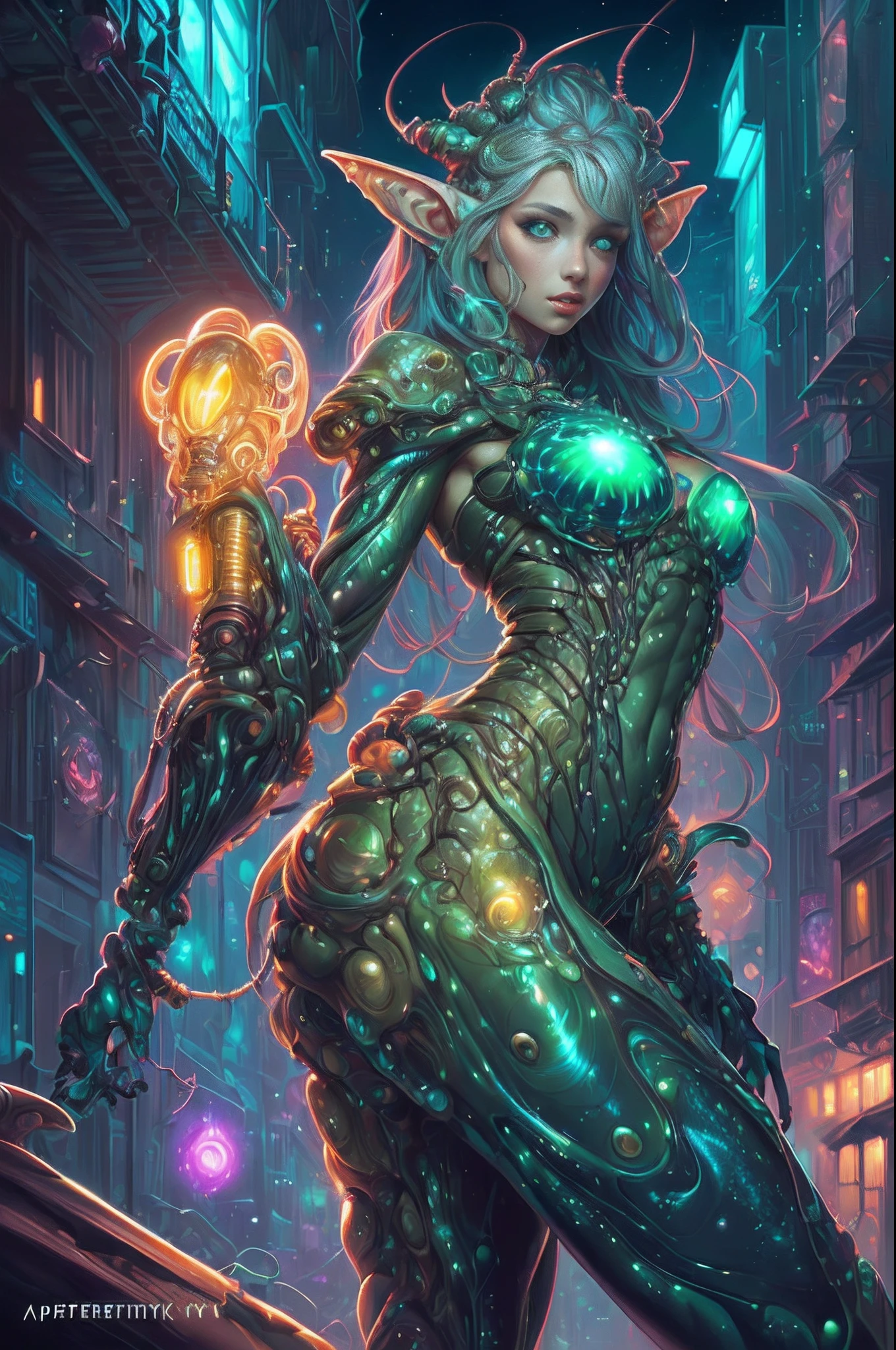 Amazing anatomy, (beautiful female Elf Biopunk), cowboy shot, dynamic pose, biopunk city background, (shiny skin), (slimy, organic, glistening, bioluminescence), (64k ultra hd:1.1), (art by apterus, art by dan mumford, art by lovecraft:1.2), best quality, cgsociety, trending on ArtStation.