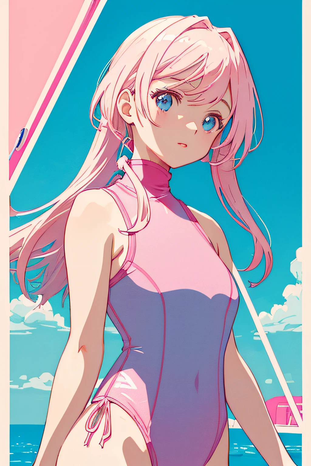 a cute girl, pink lips,((((highneck swimsuit)))), in the style of soft color palette,aurorapunk, an anime illustration of her,face,animated gifs,hand-drawn animation, charming sketches, soft and bright, misty romanticism, super-flat style, white,background--ar 1:1--niji 5--expressive style--s 50