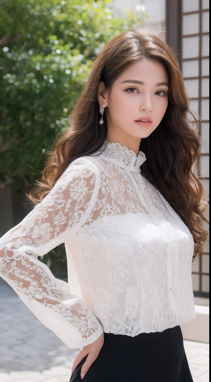 ((top-quality、8K、Super masterpiece:1.3))An ultra-high picture quality、realskin、Marble background、Full body depiction 1.3、1人、Glamour beautiful woman:1.3、(light brown long curly hair、huge-breasted:1.2)、sexy facial expression、big eye、Long Sleeve Black Lace High Neck Shirt:1.1、hyperdetailed face、ultradetailed eyes、super-detaild skin、Ultra detailed hands、Ultra-detailed fingertips on the face、Super detail beautiful legs、Super detailed beautiful hair、Ultra-detailed cloth、put one's hand over one's mouth、Japan beauties、black lace skirt、piercings、beautiful and long legs、high-heels、Standing like a model、Walking、Stretching the leg with one foot in the center of gravity
