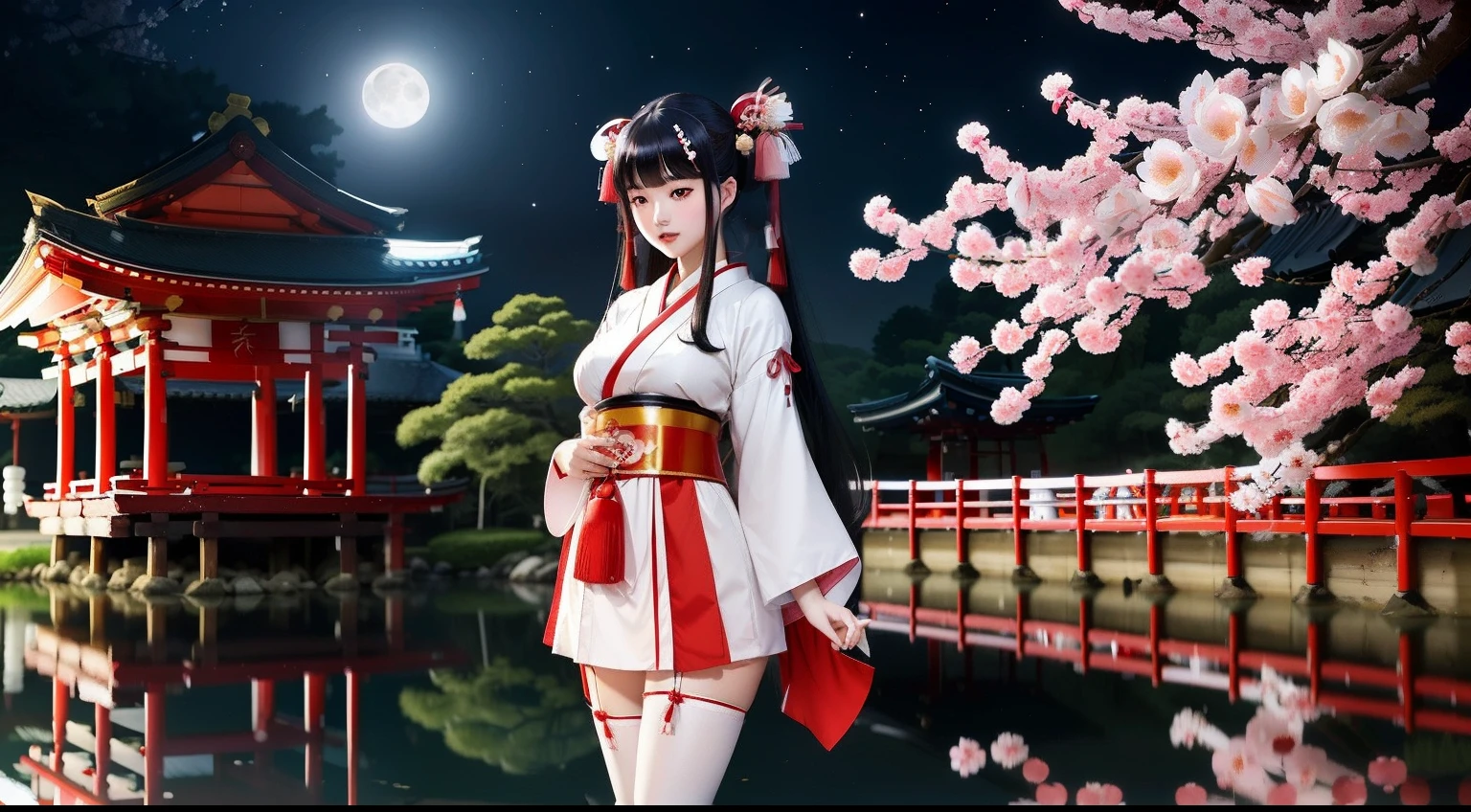 asian young woman, (red-white cute shrine maiden outfit), long black hair, Twintails and bangs, traditional japanese hair ornaments, busty, shinto shrine under night sky with full moon, standing in pond praying, white thigh high stockings, athletic, deep red lips, pond with lotus flowers, sakura blossoms, beam of light from moon illuminating the shrine maiden