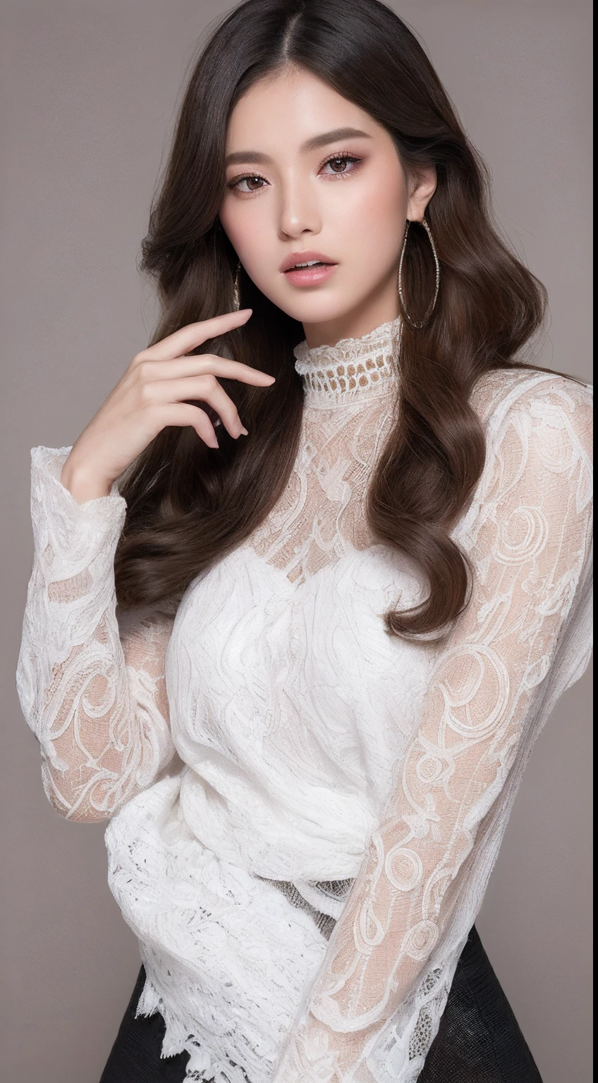 ((top-quality、8K、Super masterpiece:1.3))An ultra-high picture quality、realskin、Marble background、Full body depiction 1.3、女の子1人、Glamour beautiful woman:1.3、(light brown long curly hair、huge-breasted:1.2)、sexy facial expression、big eye、Long Sleeve Black Lace High Neck Shirt:1.1、hyperdetailed face、ultradetailed eyes、super-detaild skin、Ultra detailed hands、Ultra-detailed fingertips on the face、Super detail beautiful legs、Super detailed beautiful hair、Ultra-detailed cloth、put one's hand over one's mouth、Japan beauties、black lace skirt、piercings、beautiful and long legs、high-heels、Standing like a model、Walking、Stretching the leg with one foot in the center of gravity