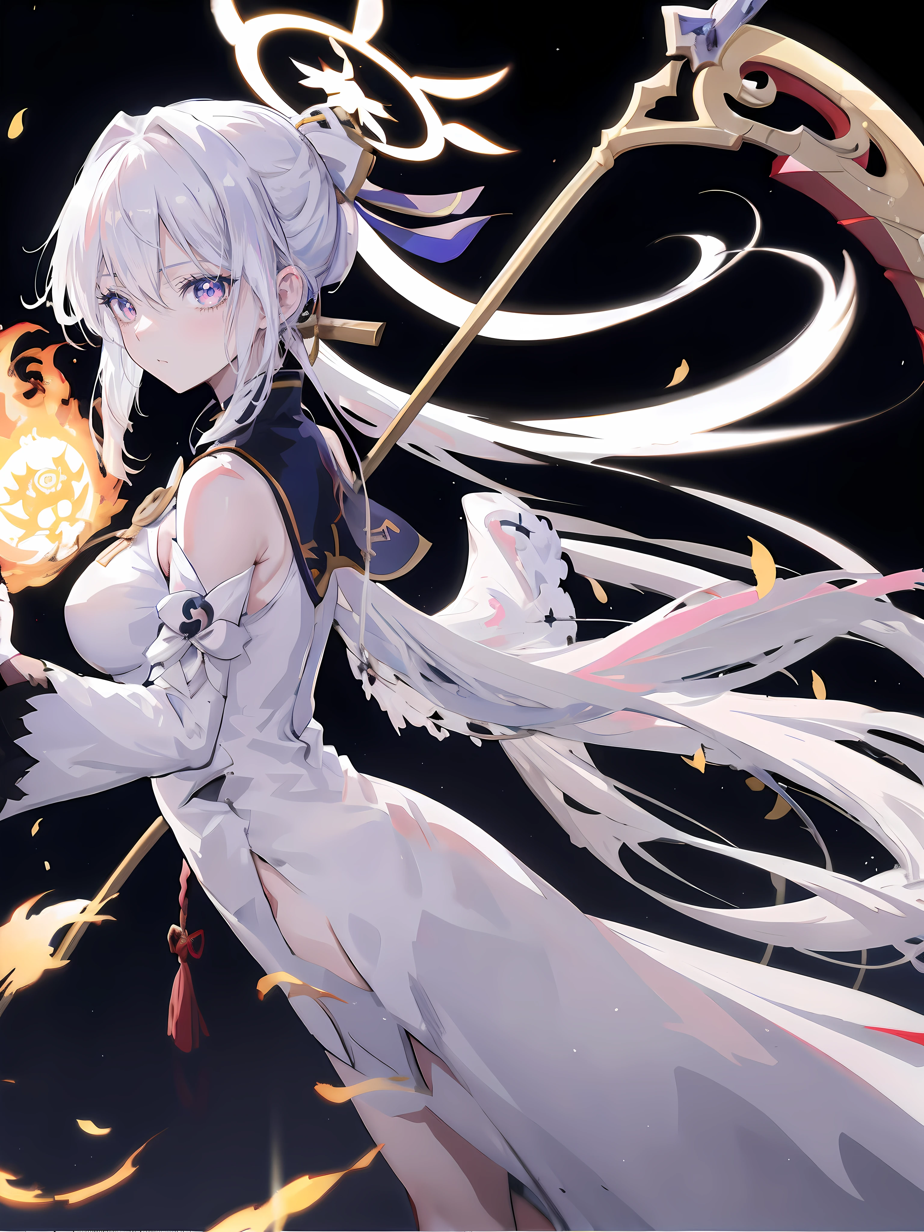 1 girl, game CG, long bandage wrapped around body, bandage over naked, bangles, gigantic breasts, silver hair, short hair, french braid, yellow eyes, Halloween background,