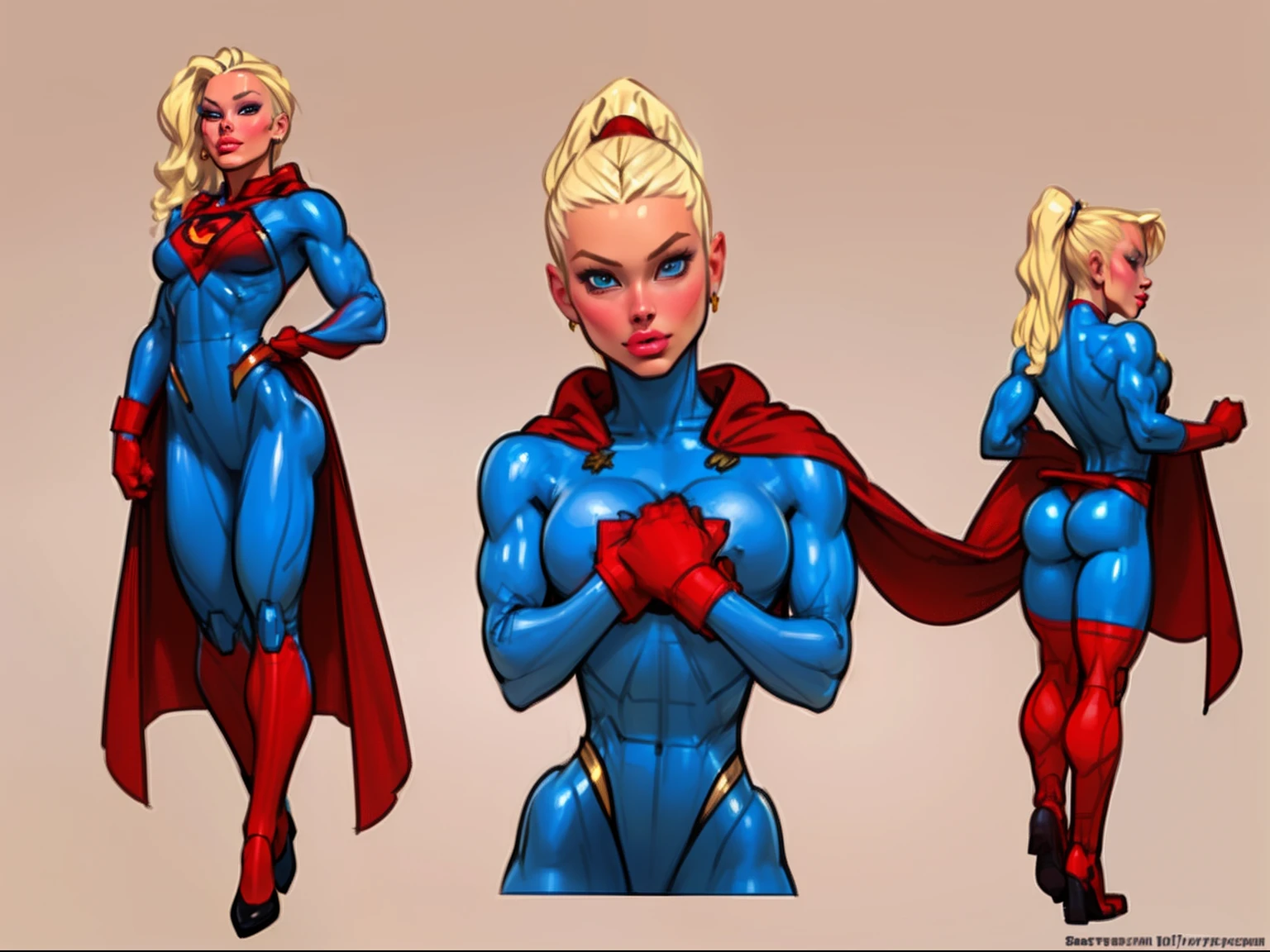 ((masterpiece)),(((best quality))),((character design sheet)), ((full body view)) illustration,1girl, muscular, ((blue bodysuit:1.5)), superhero, (blonde ponytail:1.4), (red cape:1.4) ((detailed face:1.4)) beautiful woman, (red thighhighs:1.3)shiny skin, (gold emblem on chest:1.2),scribbles and marks, (puffy lips:1.5), rough sketches, pose, 8k,16k, (simple background, white background: 1.3)