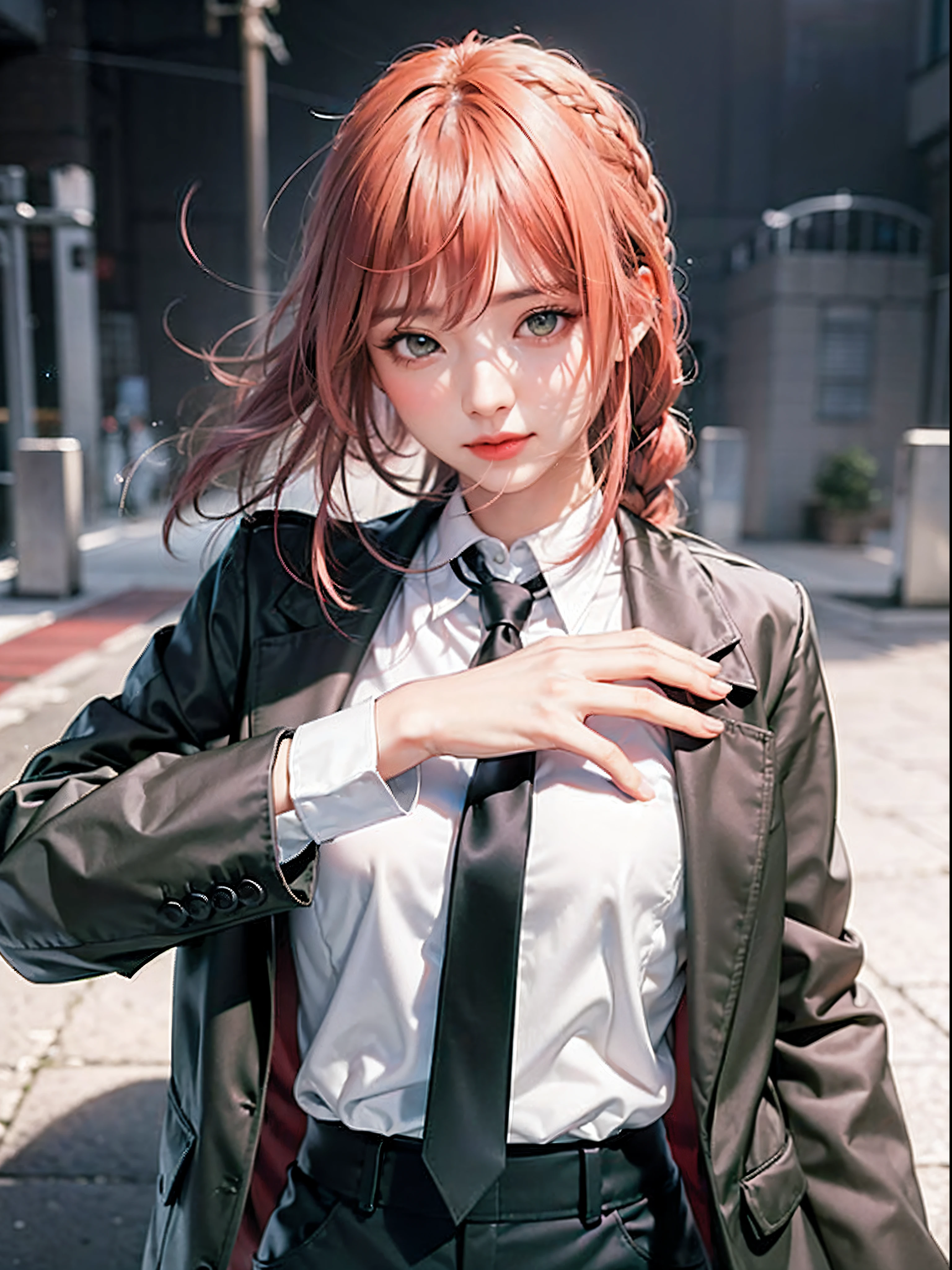 1girl, 8k portrait of beautiful girl with red hair, intricate, elegant, realistic photography, building city background (masterpiece, sidelighting, finely detailed beautiful eyes: 1.2), braid hair, realistic hair, realistic eye, realistic human face, realistic human photography, (street background), chinese face (yellow eyes), lots of hair, hand in front, raylight, white particle