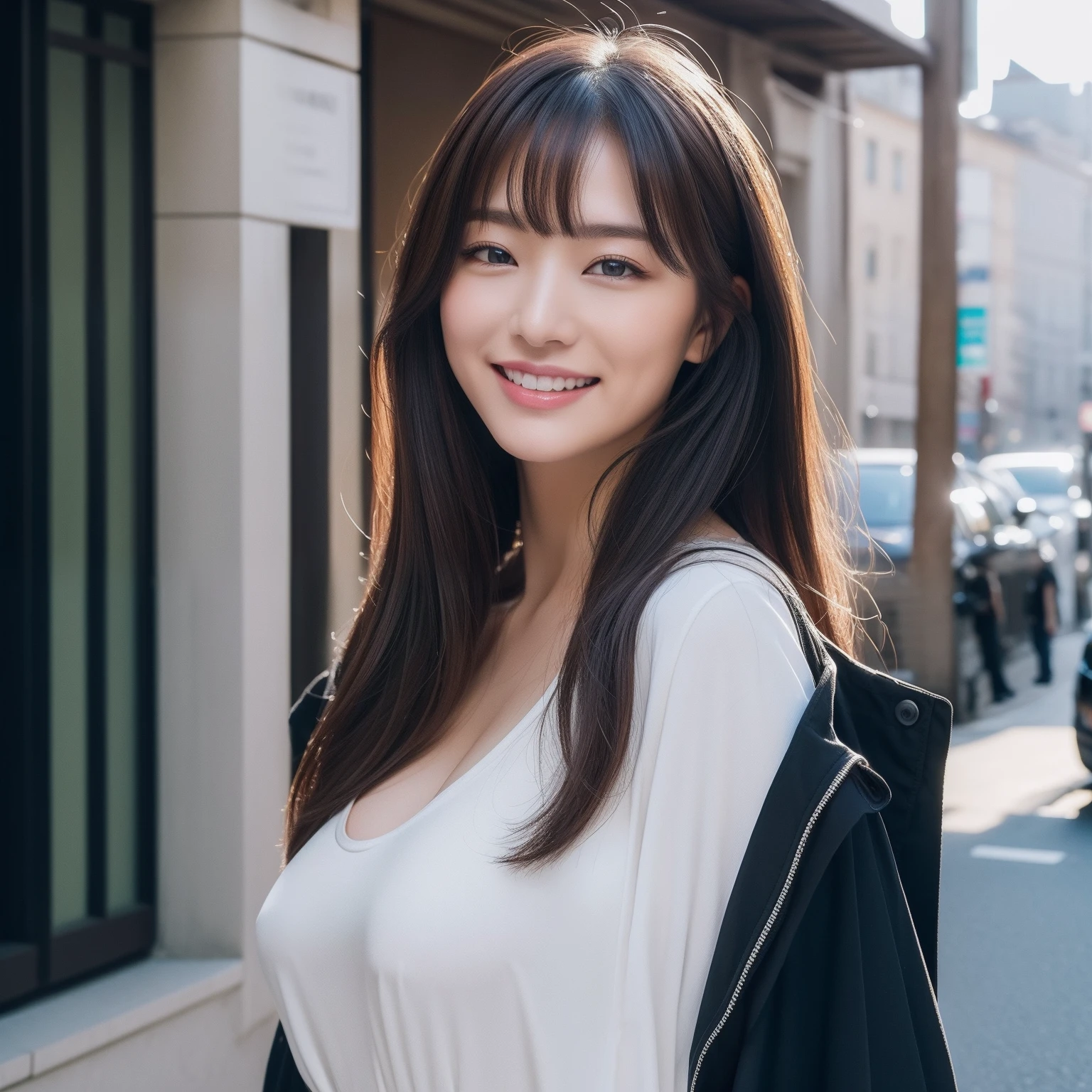 ((top-quality、8k、masterpiece:1.3))、foco nítido:1.2、Beautiful Women in Perfect Style:1.4、Slender abs:1.2、((A dark-haired、huge tit:1.2))、(natural soft light、City Street:1.1)、Highly detailed facial and skin texture、A detailed eye、二重まぶた、a picture、lightsmile、Long