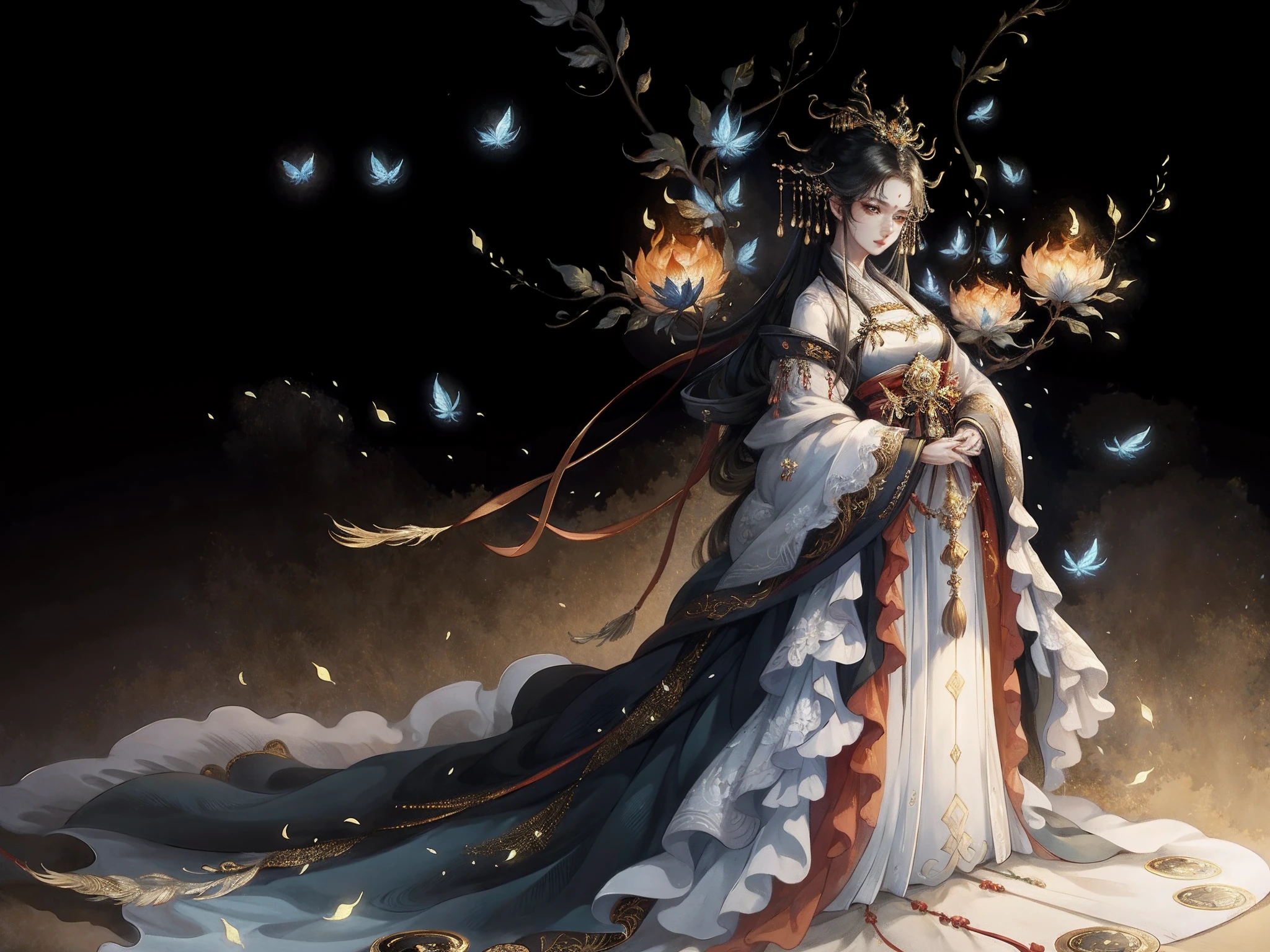 Masterpiece, best quality, a beautiful woman, ancient Chinese imperial robe, majestic domineering, graceful standing, phoenix eyes, phoenix feathers, sunshine, clear face, masterpiece, super detail, movie composition, ultra hd, high quality, extremely detailed, official art, uniform 8k wallpaper, super detail, (very detailed CG unity 8k wallpaper), (best quality), (best illustration), (best shadow), UI interface border design with natural elements forest theme. Avatar frame designed as round, surrounded by delicate leaves and branches, with fireflies and glowing particle effects, (UI interface box design), (natural elements), (jungle theme), (square), (leaves), (branches), (fireflies), butterflies, (delicate leaves), (glow), (particle effects), isometric 3D, Octane rendering, ray tracing, super detailed