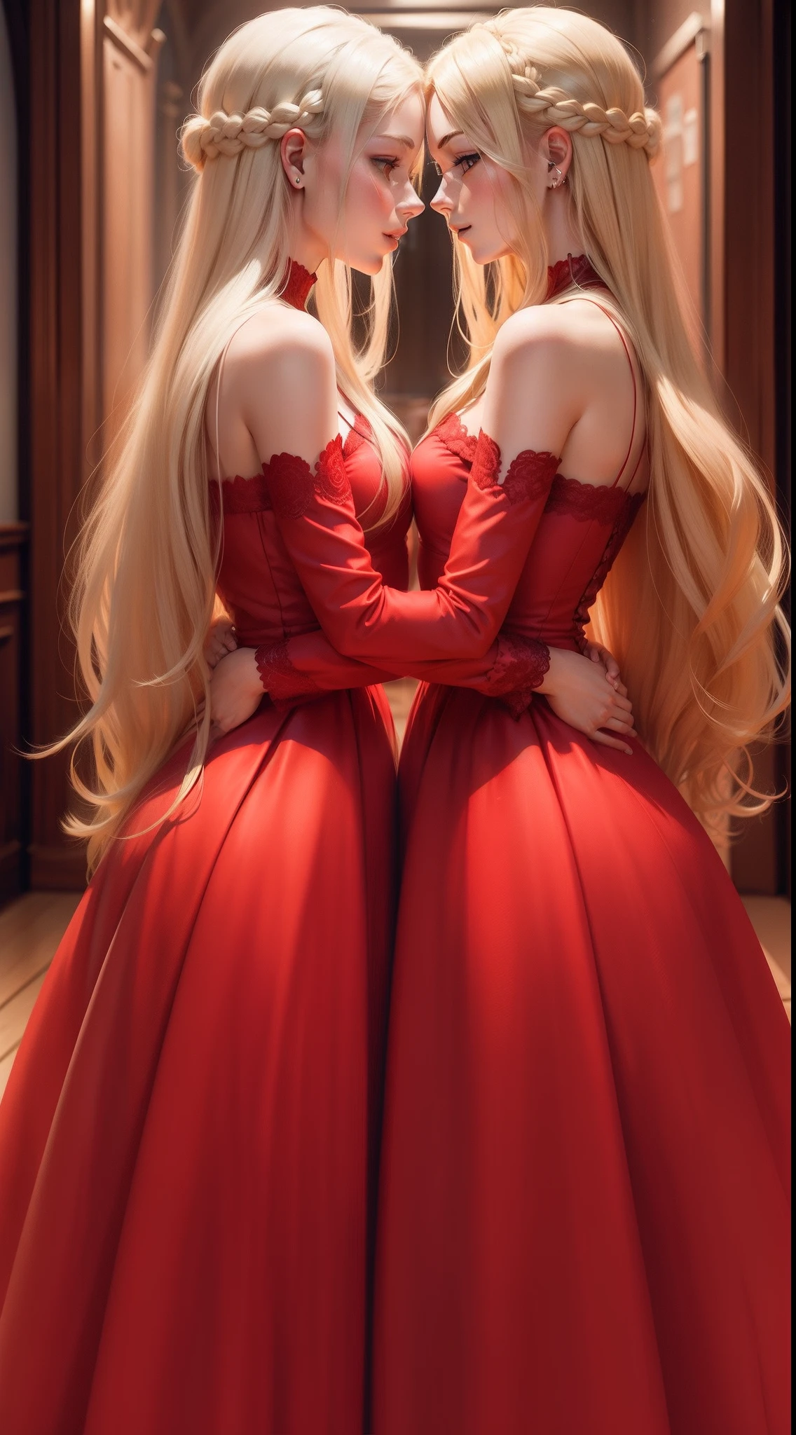 Identical twins, 20 years old, blonde long hair, embracing each other, looking at each other, long red dresses