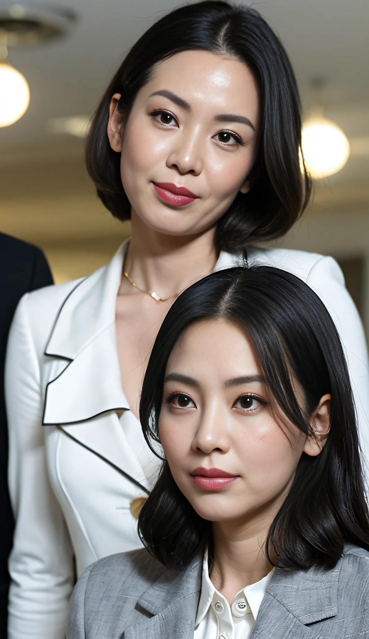 masterpiece,best quality, (1 milf), ((close up:0.5)), ((cross arms)), glare, gray blazer, white shirt, double eyelid, eyelash, lip gloss, (suspicion face:1), ((close eyes:0.85)), ((Looking at Viewer)), RAW, (from below:1), ((nobody)), office,