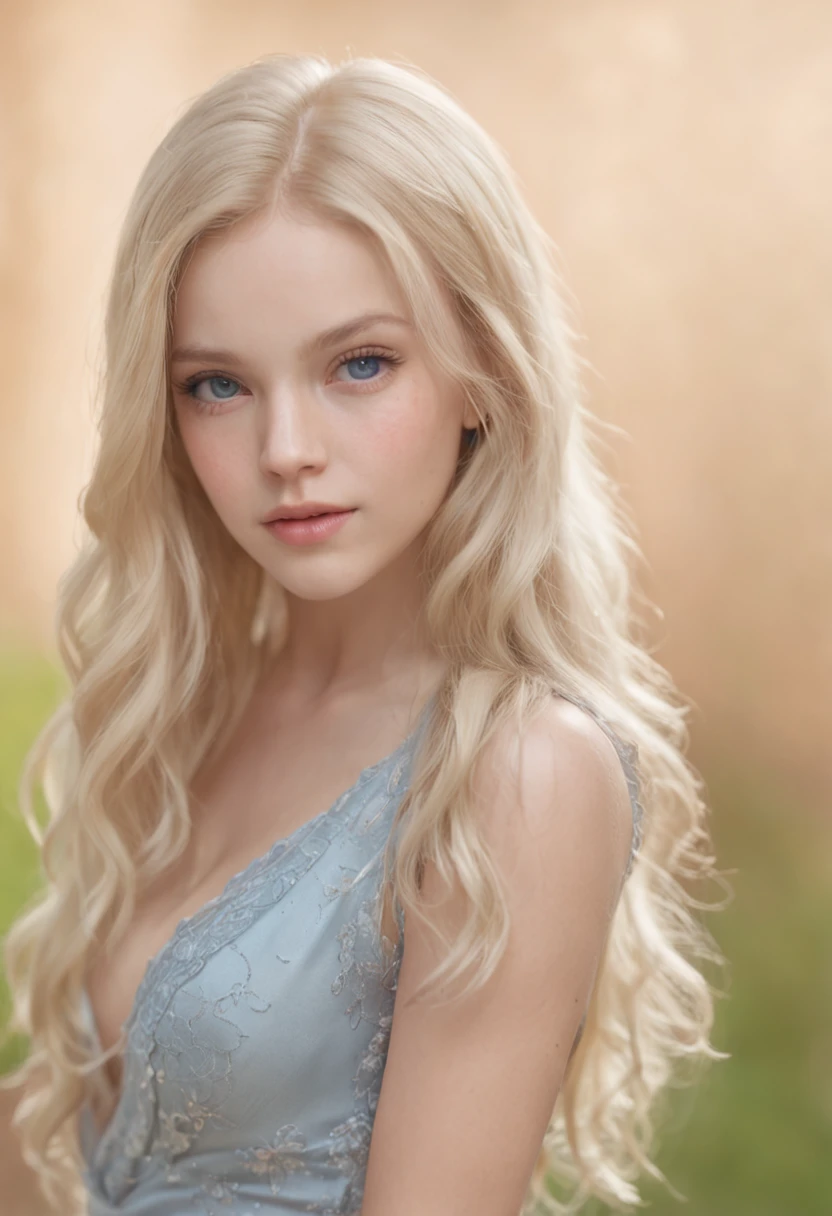 of a real，Perfect facial features，Realistic skin texture，Cute baby girl，closeup cleavage，head portrait，Pout，Blue eyes，Long blonde hair，depth of fields，dynamic blur，high light，Real light，Ray traching，oc rendered，Hyper-realistic，best qualtiy，8K，Works of masters，super-fine，Detailed pubic hair，Correct anatomy，sharp focus on eyes，Bokeh，Facial features are carefully depicted