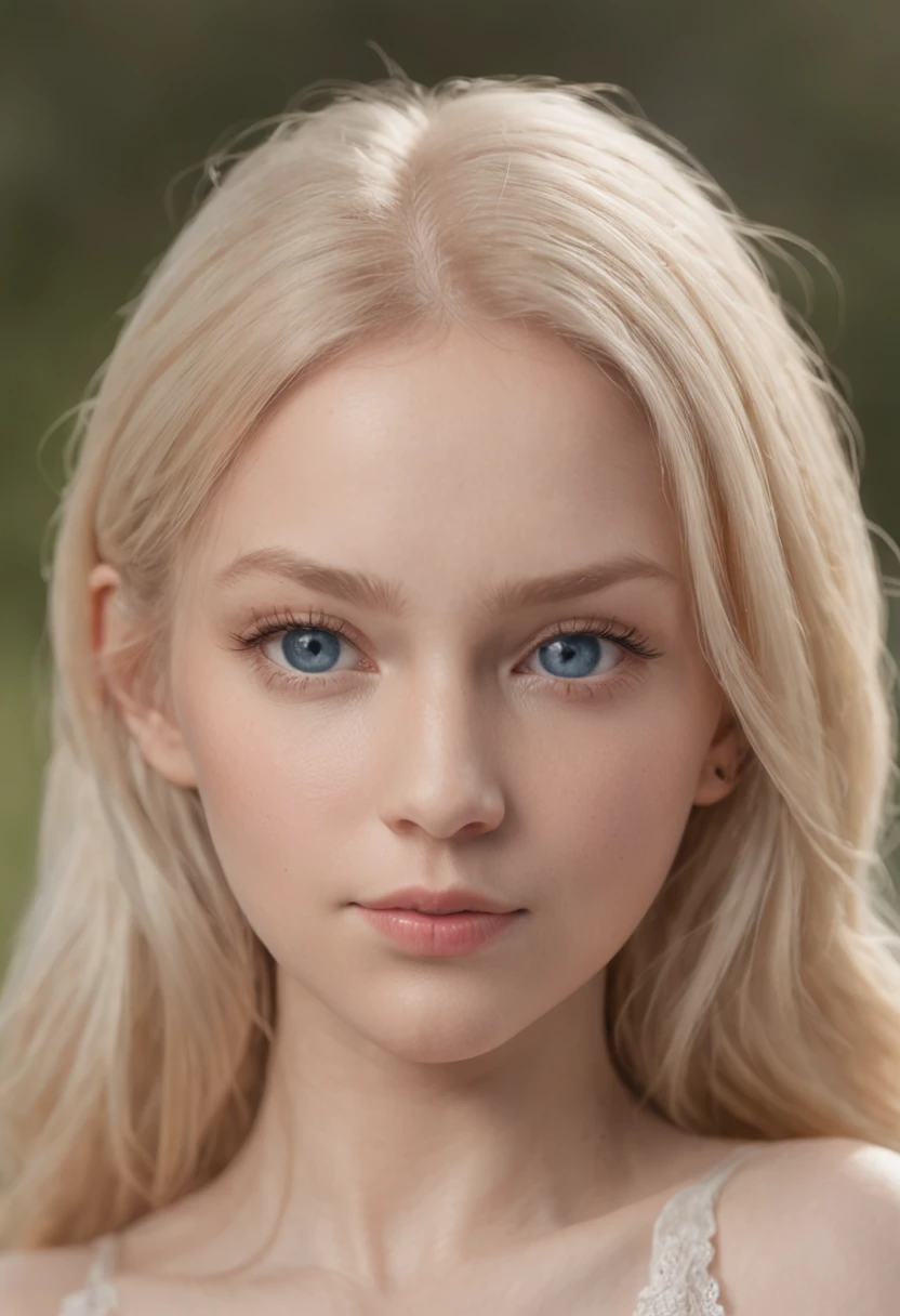of a real，Perfect facial features，Realistic skin texture，Cute baby girl，closeup cleavage，head portrait，Pout，Blue eyes，Long blonde hair，depth of fields，dynamic blur，high light，Real light，Ray traching，oc rendered，Hyper-realistic，best qualtiy，8K，Works of masters，super-fine，Detailed pubic hair，Correct anatomy，sharp focus on eyes，Bokeh，Facial features are carefully depicted