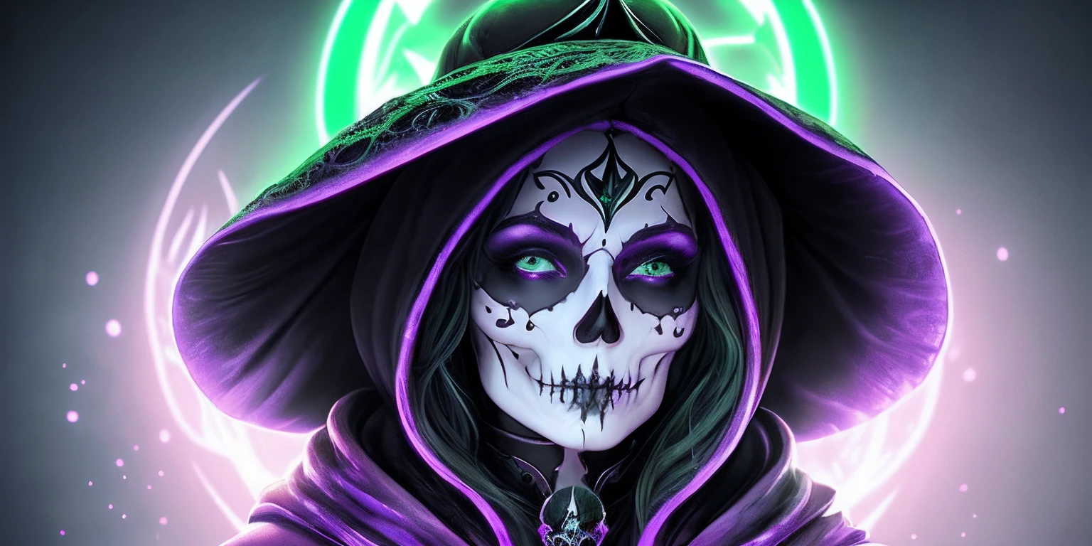 there is a skull with a hood and a hat on it, purple slime, lots of slime, slimy, close-up portrait goddess skull, goddess of death, green slime, saint skeleton queen, queen of death, unreal engine render + a goddess, portrait of the god of death, artstation 4k, the angel of death with a halo, scary queen of death, beautiful male god of death
