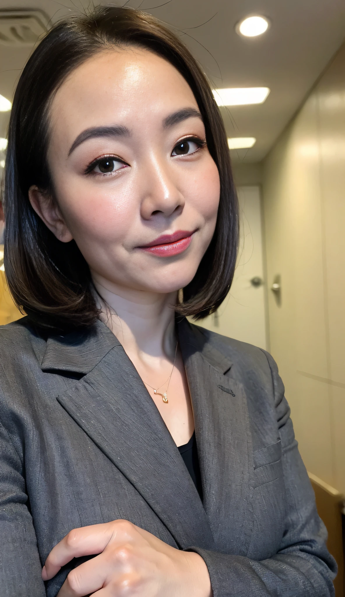 masterpiece,best quality, (1 milf), ((close up:0.5)), ((cross arms)), glare, gray blazer, white shirt, double eyelid, eyelash, lip gloss, (suspicion face:1), ((close eyes:0.85)), ((Looking at Viewer)), RAW, (from below:1), ((nobody)), office,