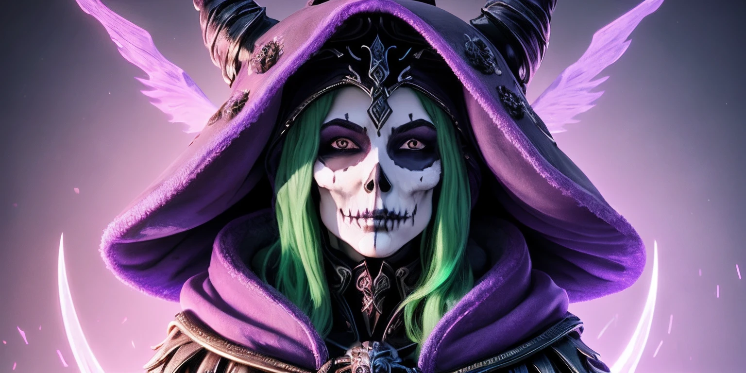 there is a skull with a hood and a hat on it, purple slime, lots of slime, slimy, close-up portrait goddess skull, goddess of death, green slime, saint skeleton queen, queen of death, unreal engine render + a goddess, portrait of the god of death, artstation 4k, the angel of death with a halo, scary queen of death, beautiful male god of death