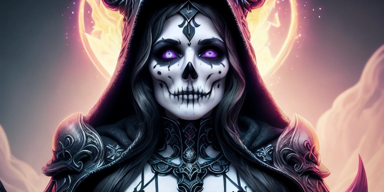 there is a skull with a hood and a hat on it, purple slime, lots of slime, slimy, close-up portrait goddess skull, goddess of death, green slime, saint skeleton queen, queen of death, unreal engine render + a goddess, portrait of the god of death, artstation 4k, the angel of death with a halo, scary queen of death, beautiful male god of death