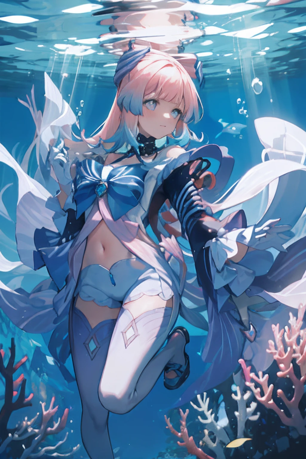 1 girl solo, translucent clothes, wery long pink hair with lavender streaks, blue bow on the chest, white shorts, floating underwater, fullbody, fish, bubbles, jellyfish, corals, sea creatures, rainbow light, flowy hair, playing with fish underwater