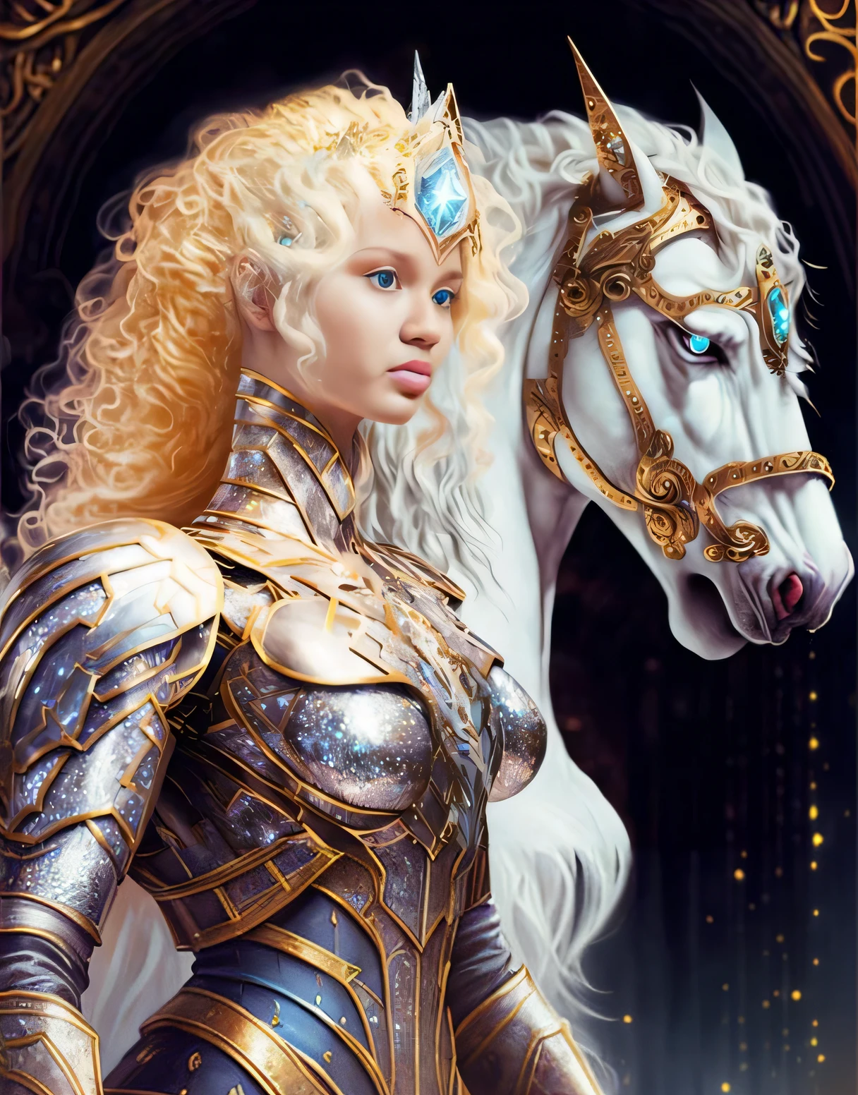 um close up de uma mulher em armadura com um cavalo, fantasia paladin mulher, arte de fantasia detalhada, de uma bela cavaleiro feminina, arte fantasia behance, Epic fantasy art style, cavaleiro feminino bonito, na armadura do cavaleiro, arte de fantasia altamente detalhada, epic fantasy HD art style, amazing fantasy art, karol bak uhd, usando armadura de fantasia