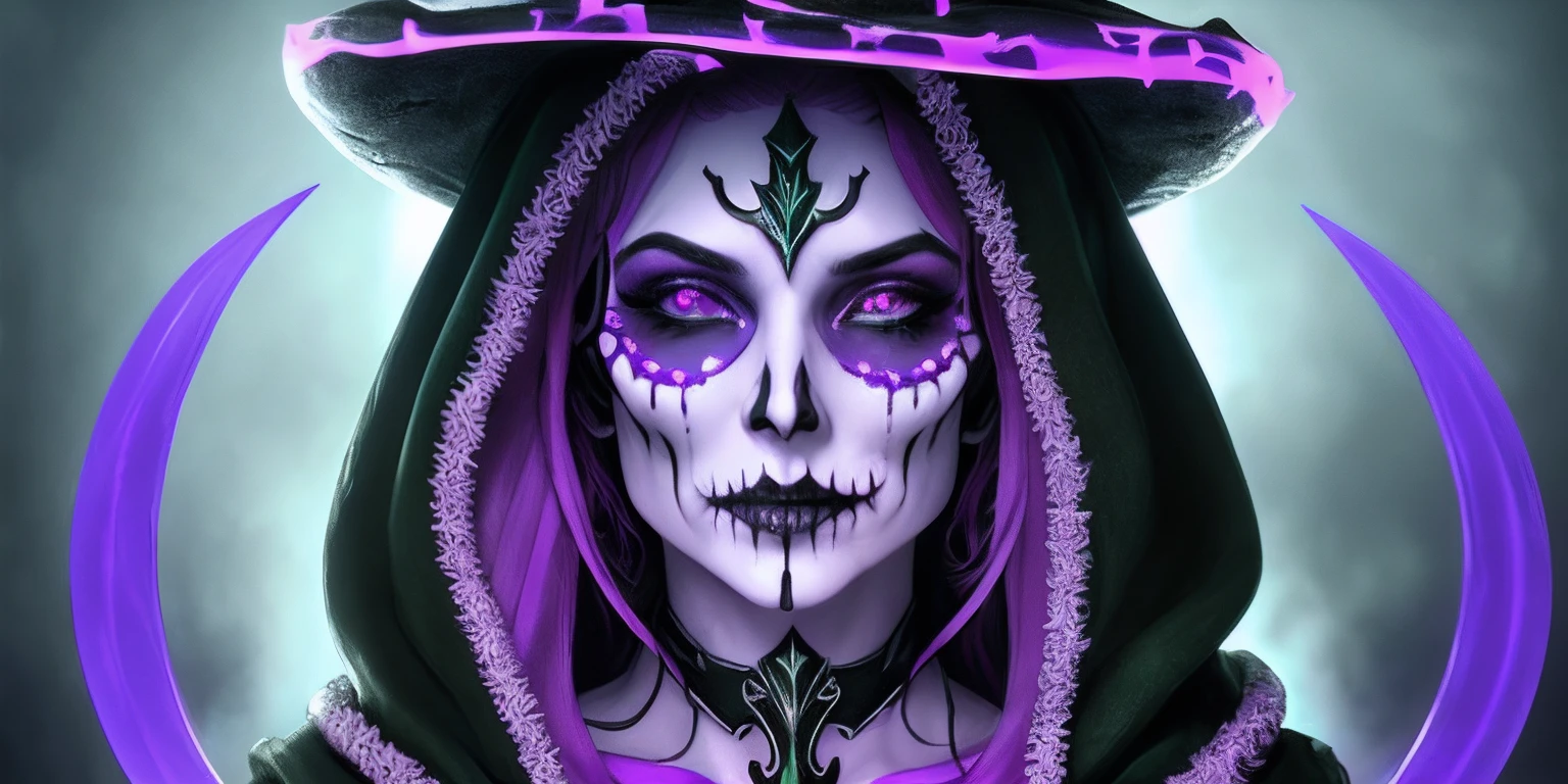 there is a skull with a hood and a hat on it, purple slime, lots of slime, slimy, close-up portrait goddess skull, goddess of death, green slime, saint skeleton queen, queen of death, unreal engine render + a goddess, portrait of the god of death, artstation 4k, the angel of death with a halo, scary queen of death, beautiful male god of death